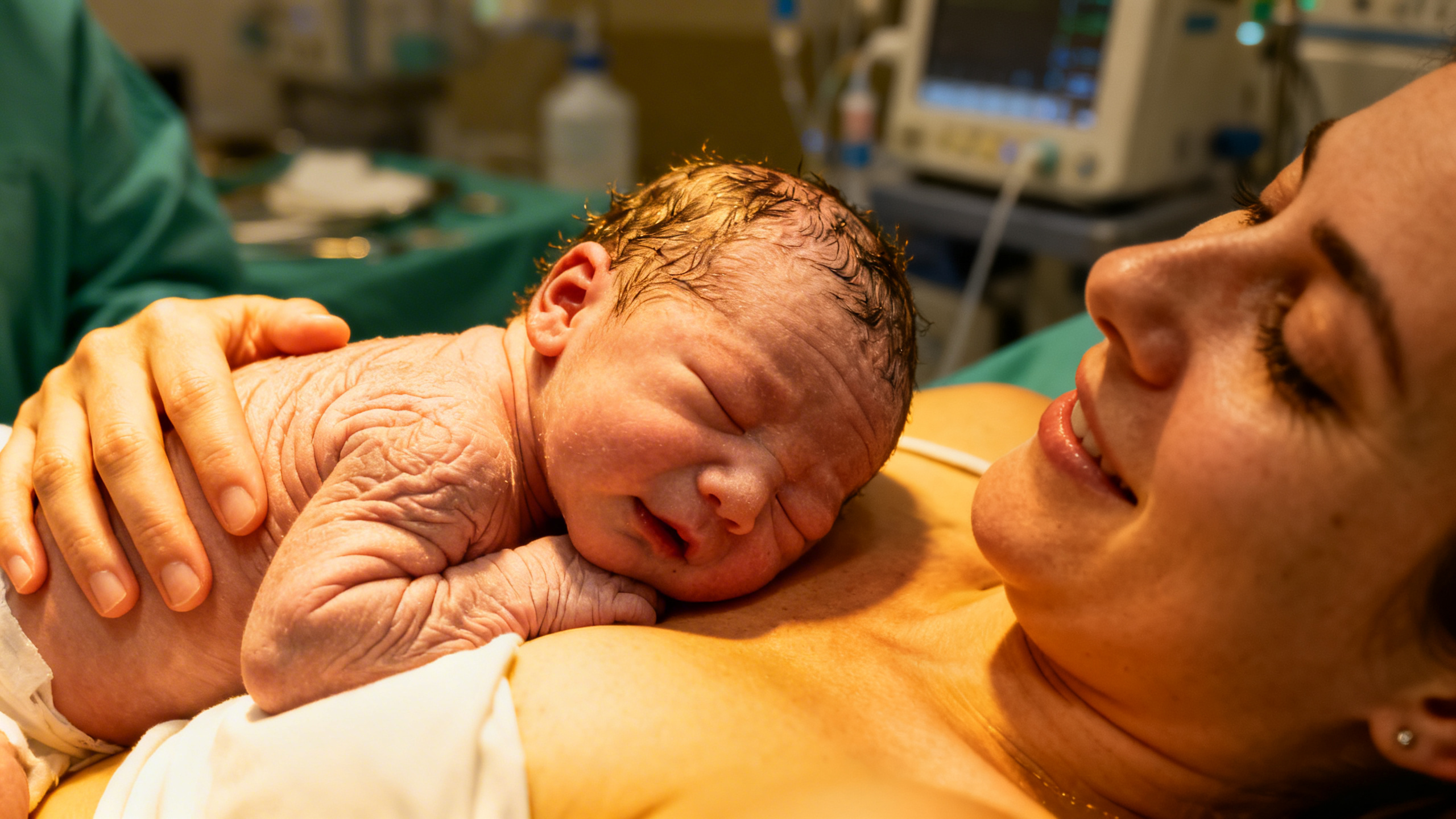 Maman qui tient son nouveau-né après une césarienne dans la salle d'opération