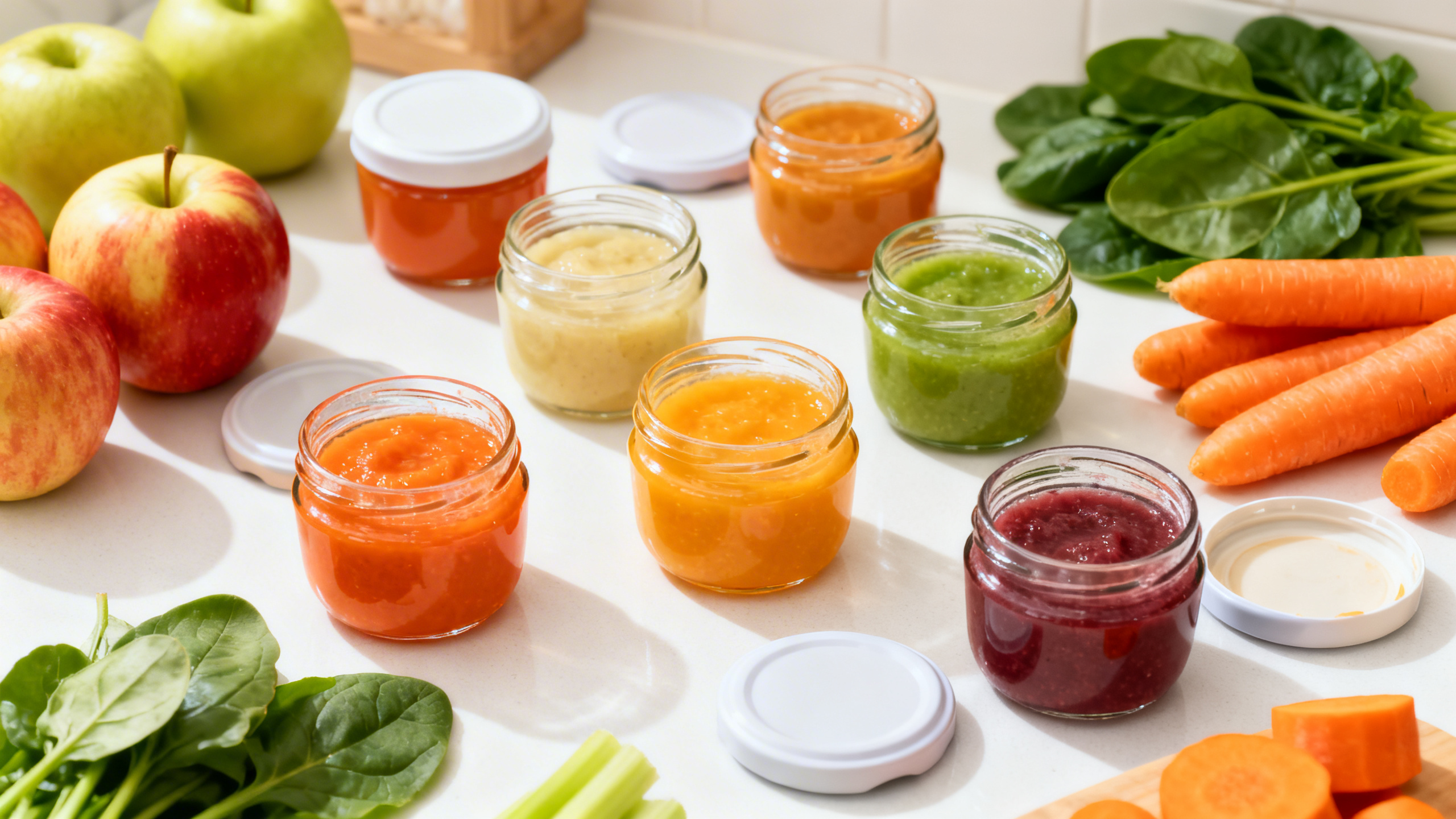 Bébé souriant assis dans sa chaise haute devant une assiette colorée