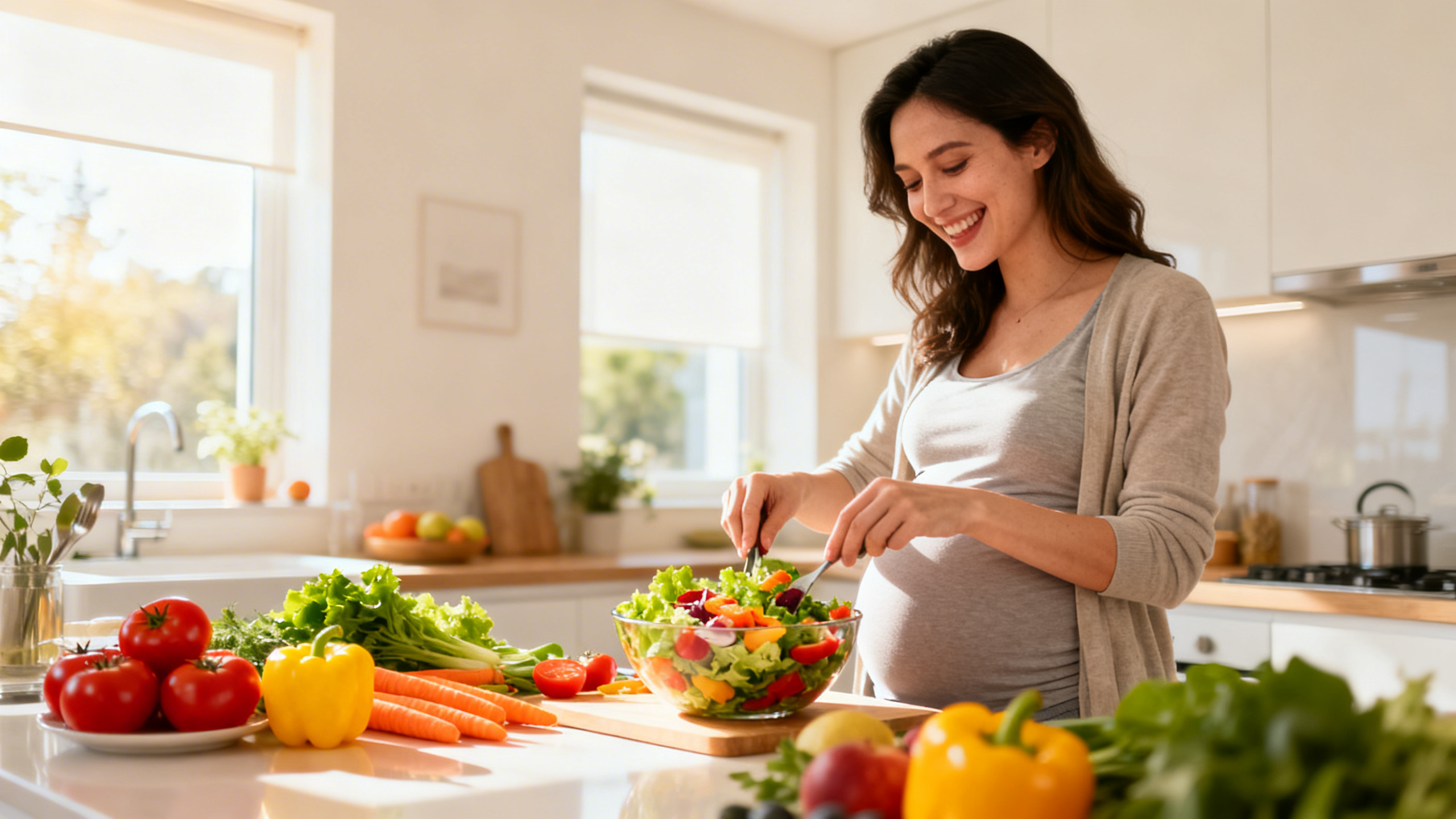 Femme enceinte préparant un repas équilibré avec des fruits et légumes frais