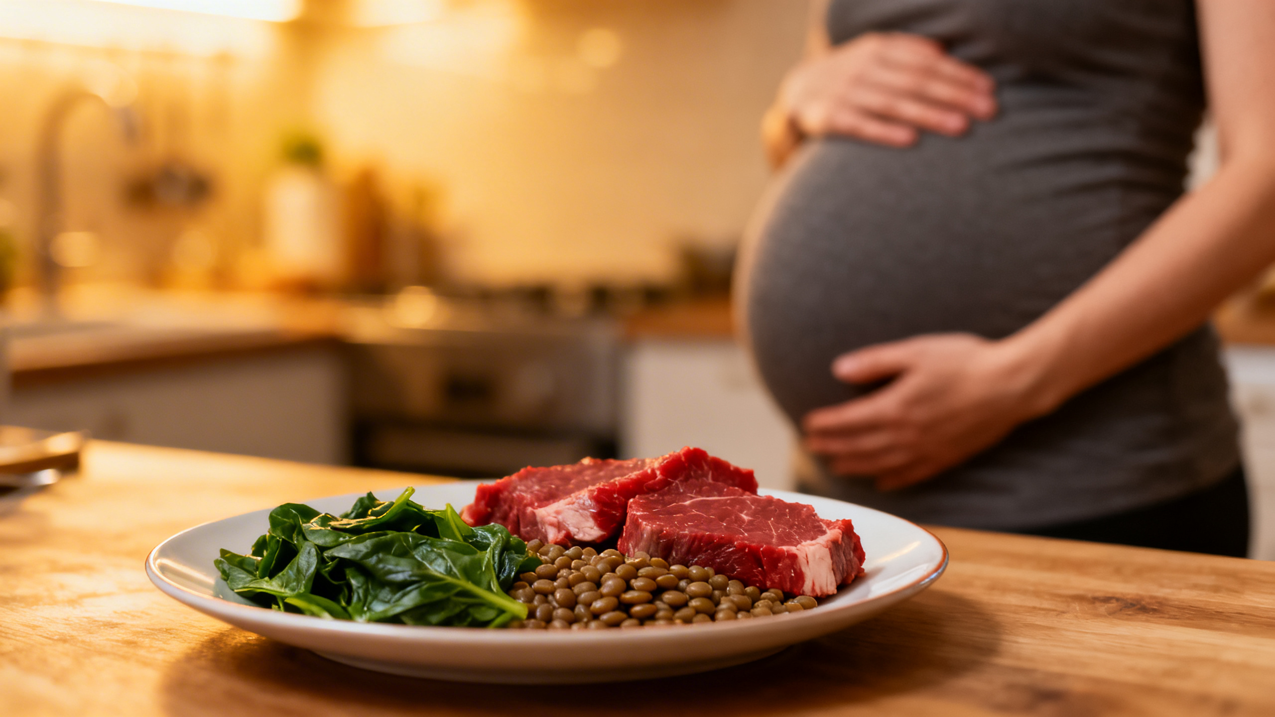 Aliments riches en fer disposés sur une table - viande, légumineuses, légumes verts