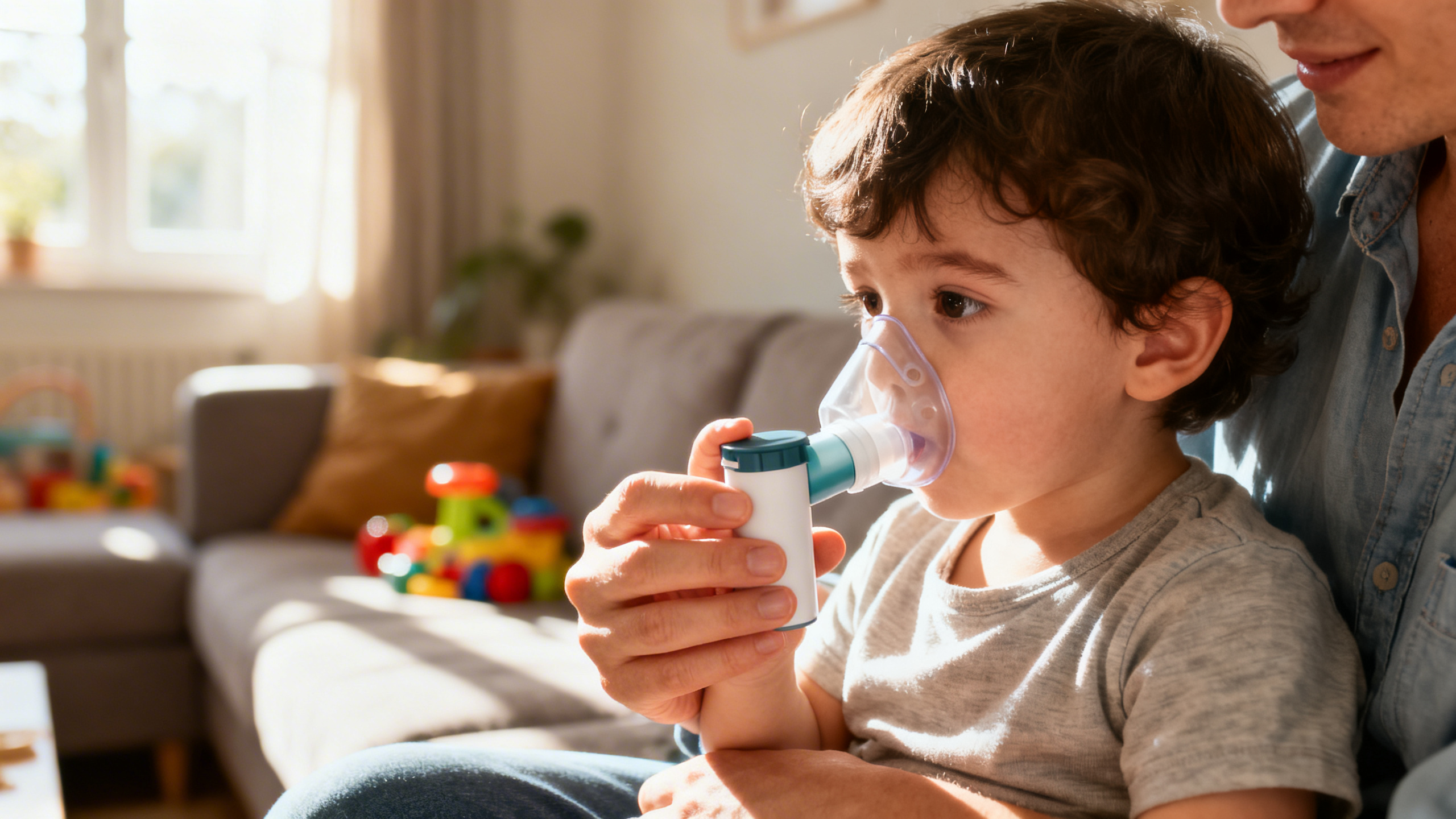 Enfant utilisant un inhalateur avec une chambre d'inhalation lors d'une crise d'asthme