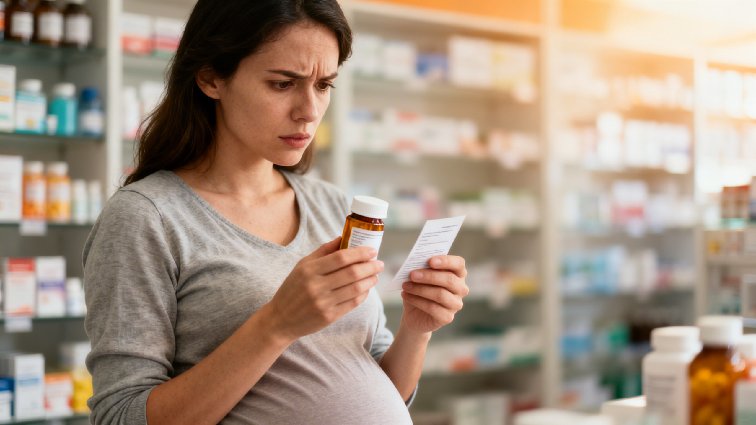 Médicaments et pilulier sur une table, femme enceinte en arrière-plan flou