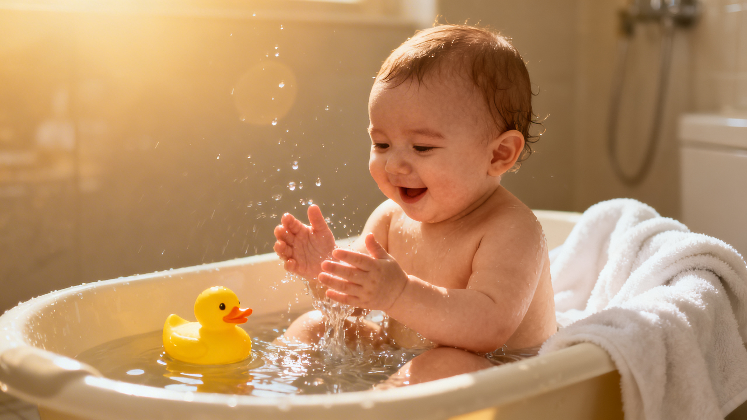 Bébé dans la baignoire avec un parent qui lui donne le bain