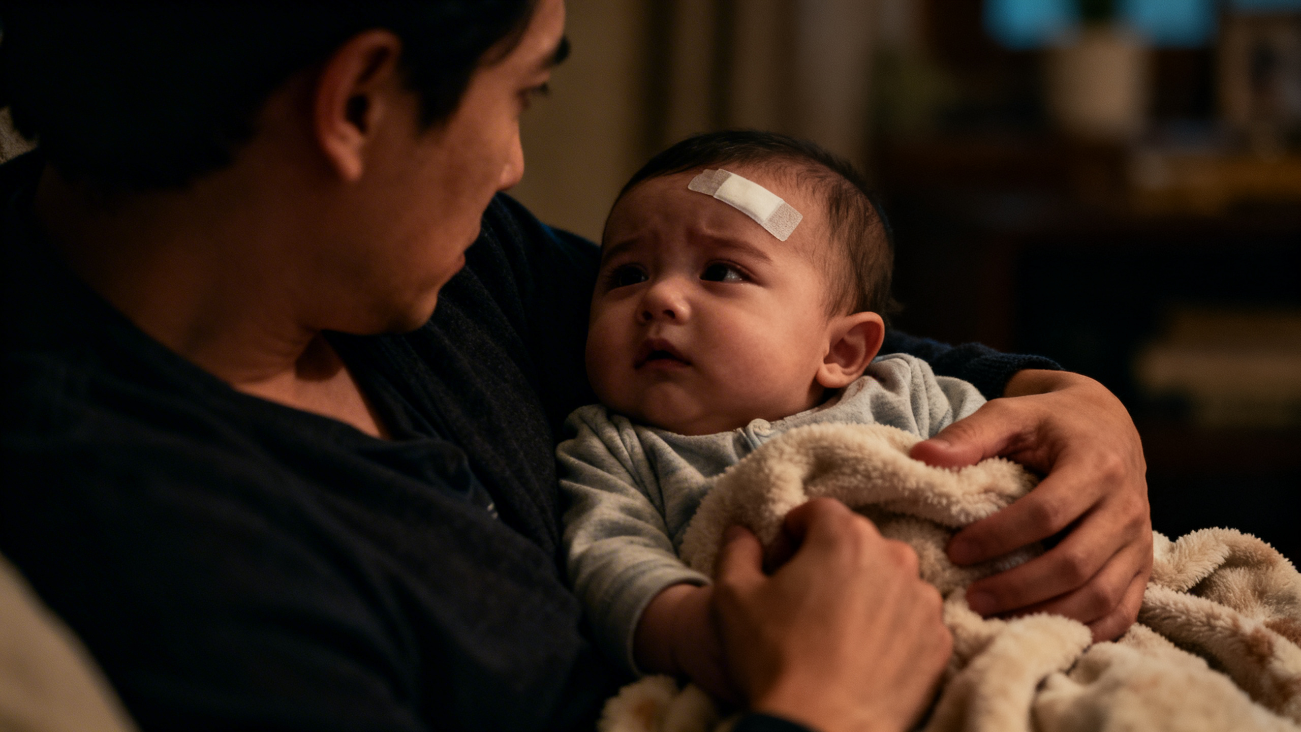 Parent inquiet tenant son bébé malade, prêt à appeler un médecin