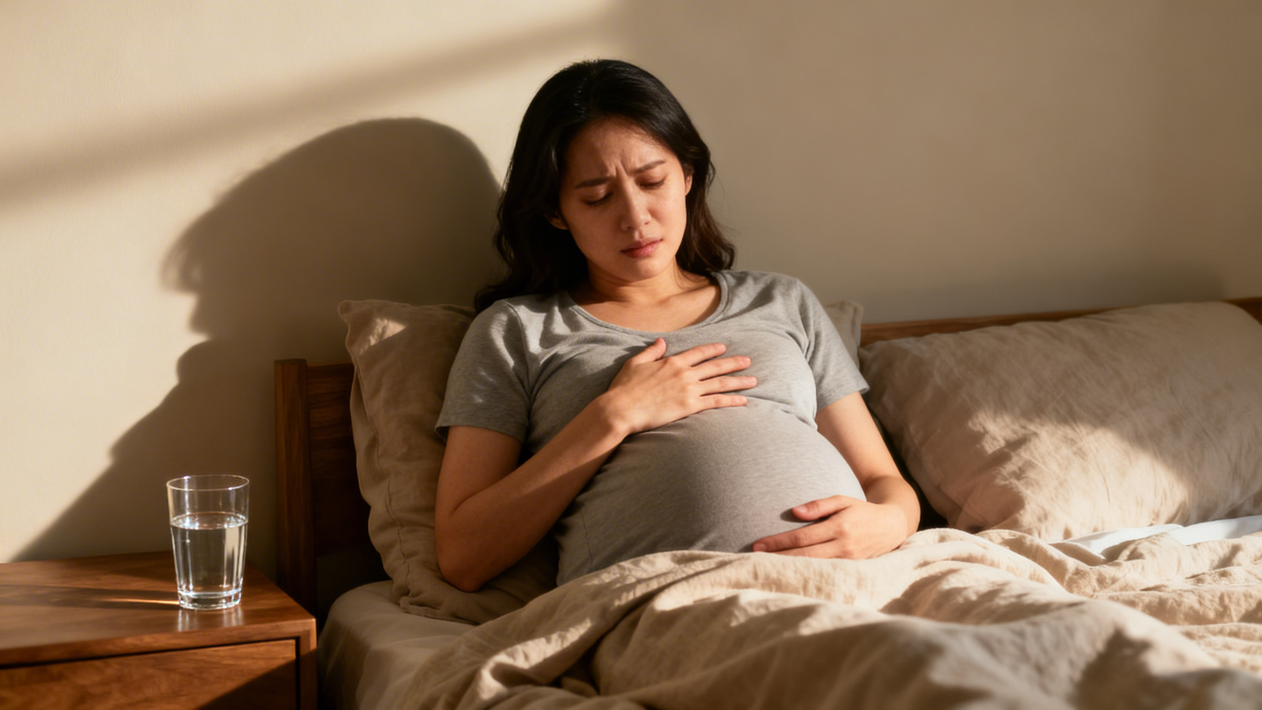 Femme enceinte tenant sa main sur sa poitrine, expression d'inconfort