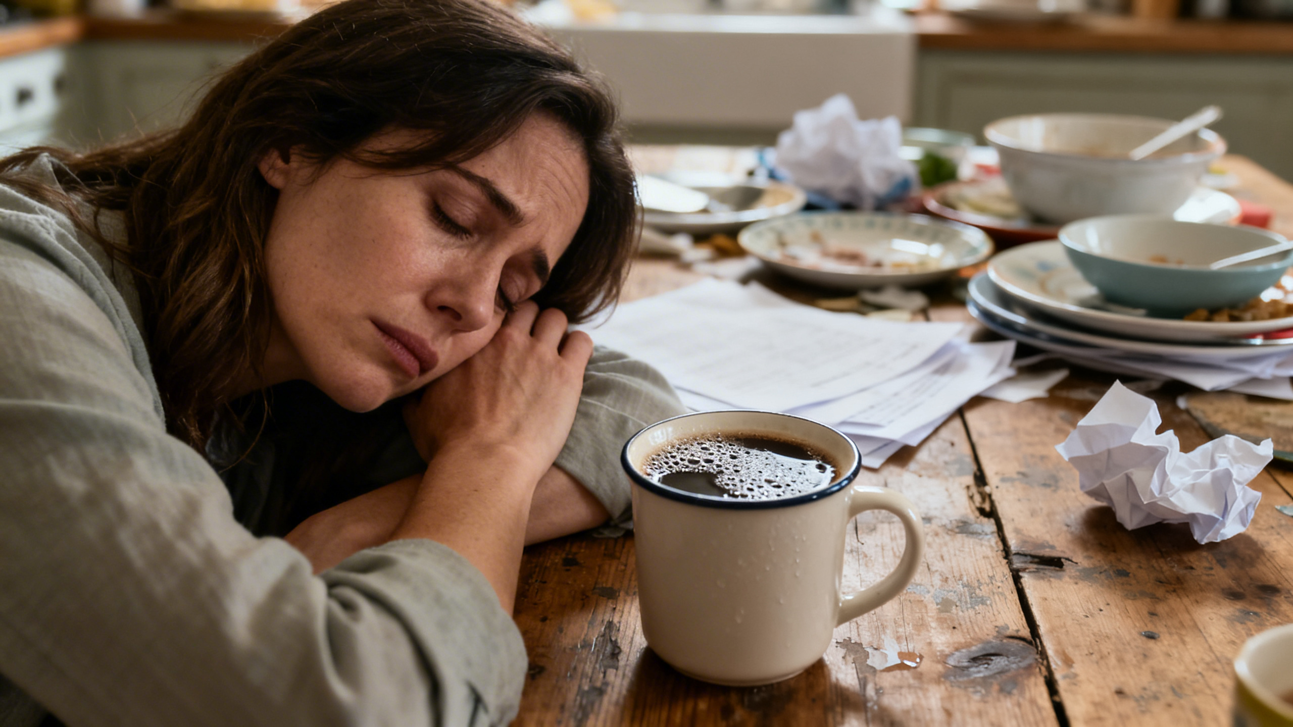 Maman épuisée tenant sa tête dans ses mains