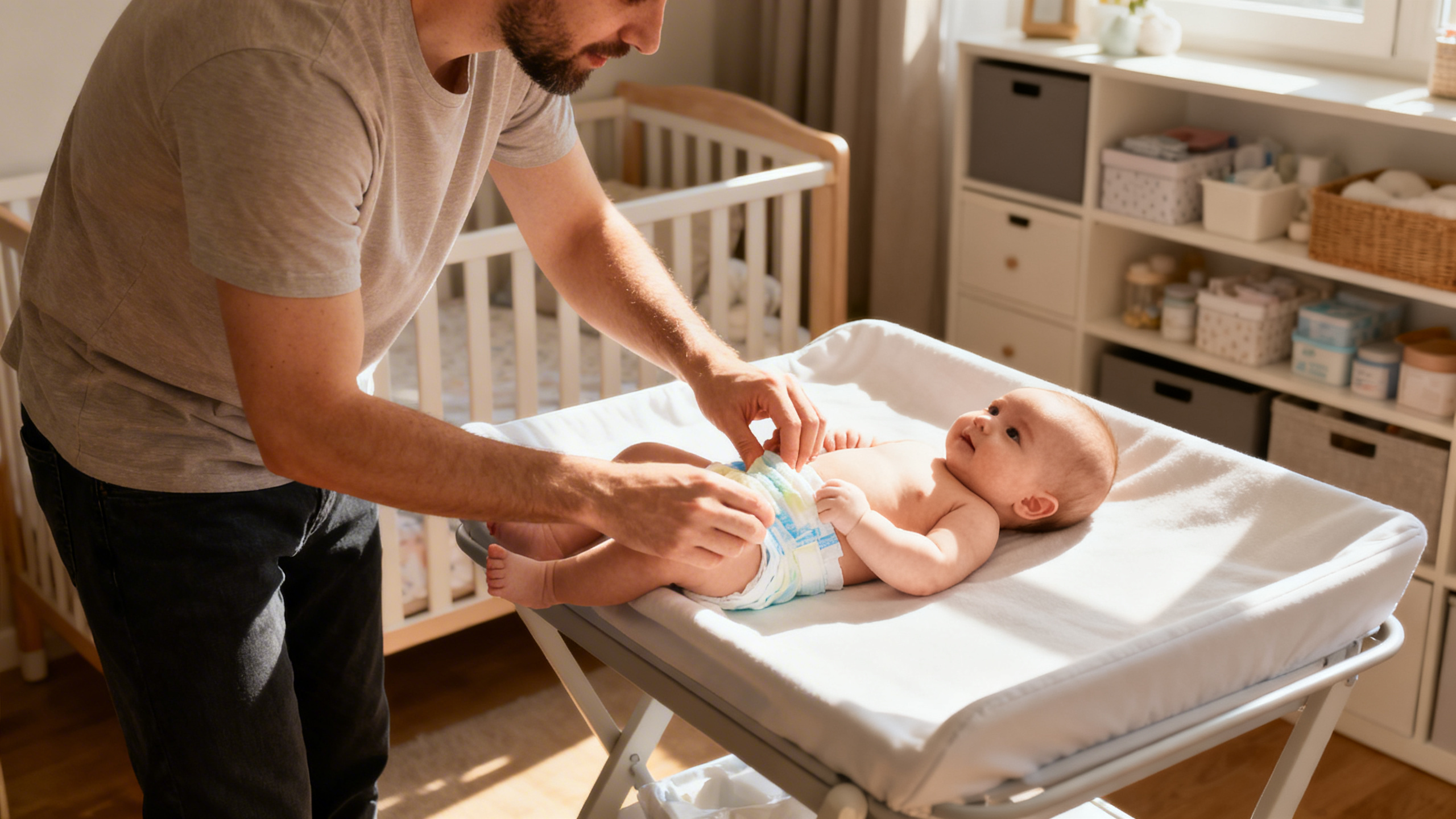 Parent changeant les couches de son bébé sur la table à langer