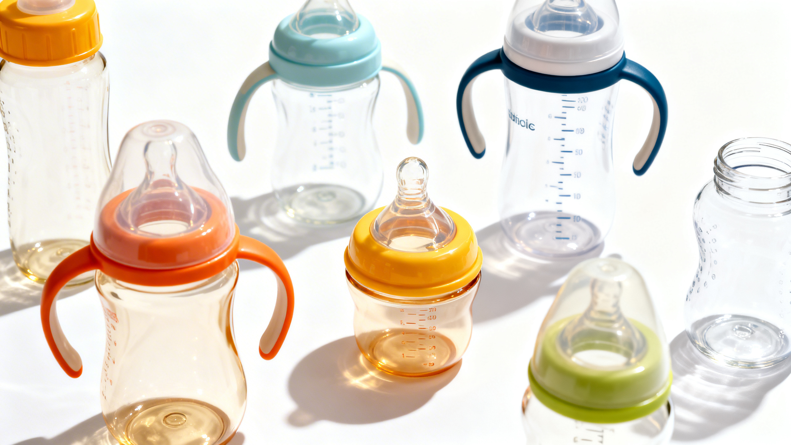 Biberons en verre et plastique pour bébé avec différentes tétines