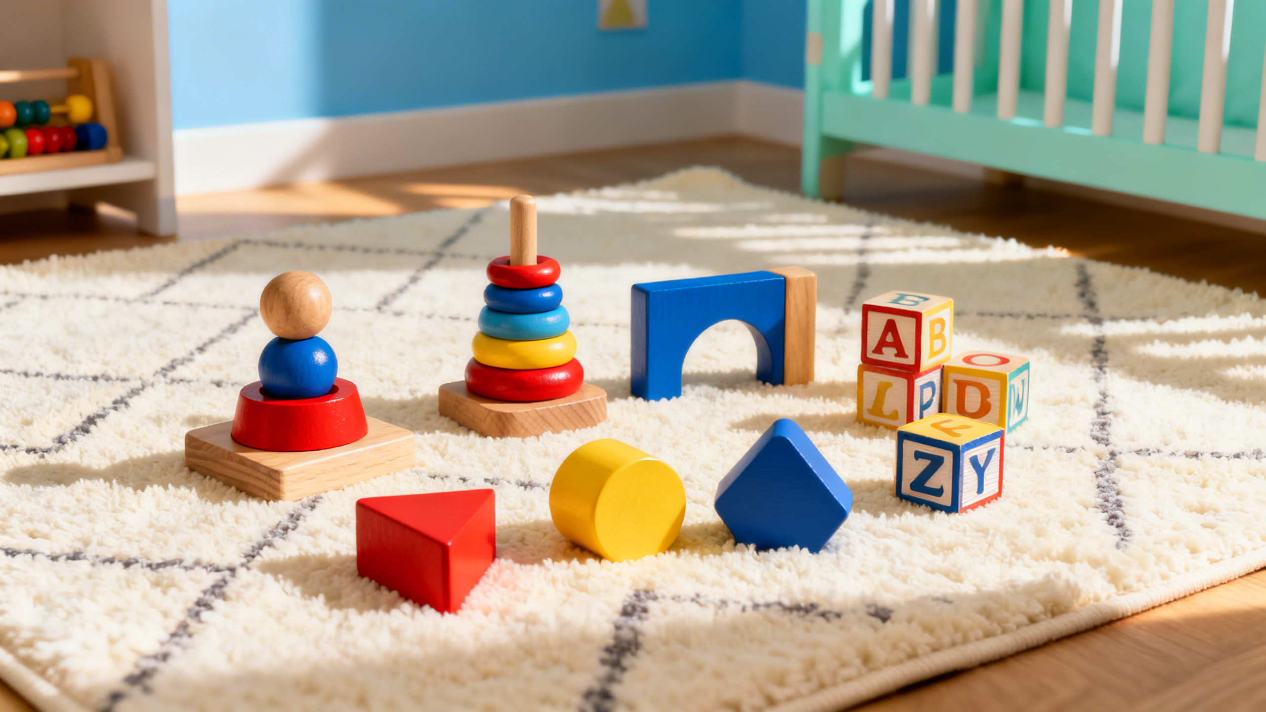 Jouets d'éveil colorés pour bébé : hochet, anneaux, tapis d'éveil