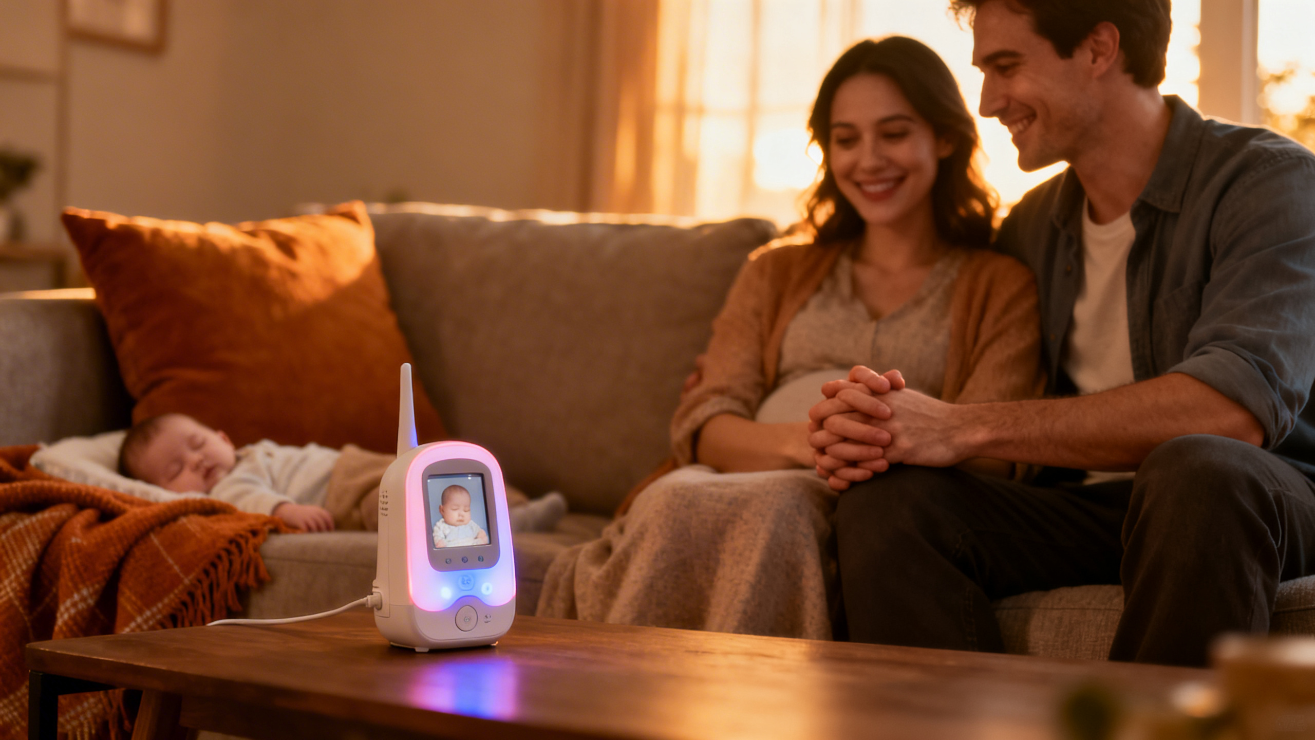 Parents souriants qui profitent d'un moment ensemble pendant que bébé dort