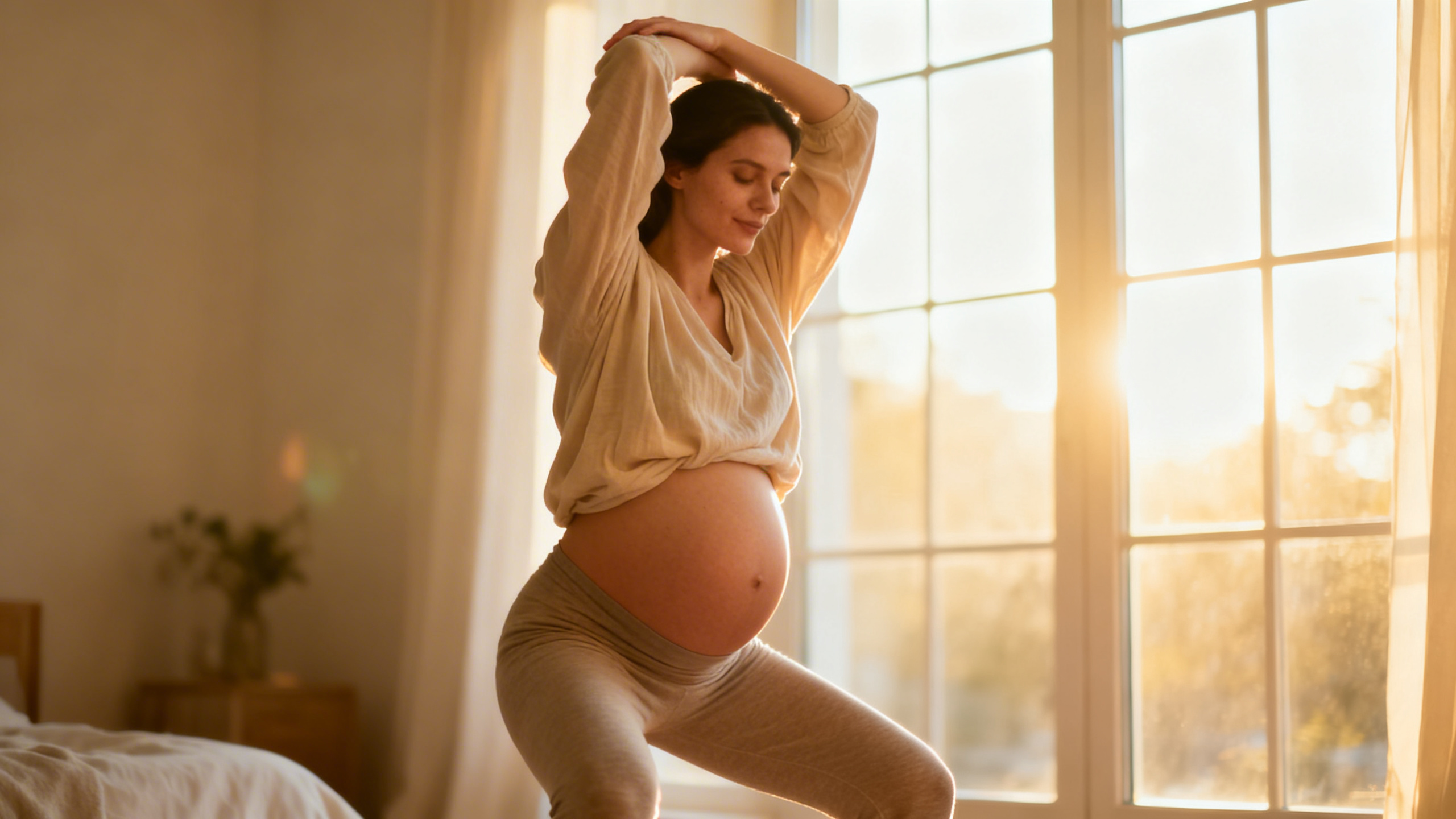 Femme enceinte assise confortablement, sereine, main sur le ventre