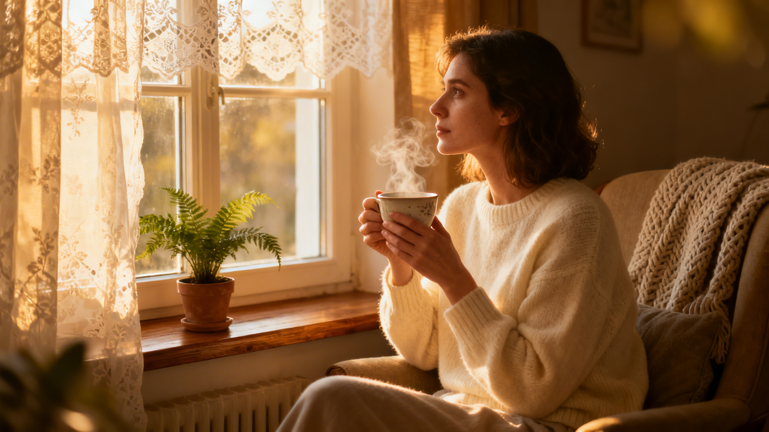 Femme pensive regardant vers l'horizon, réfléchissant à la maternité