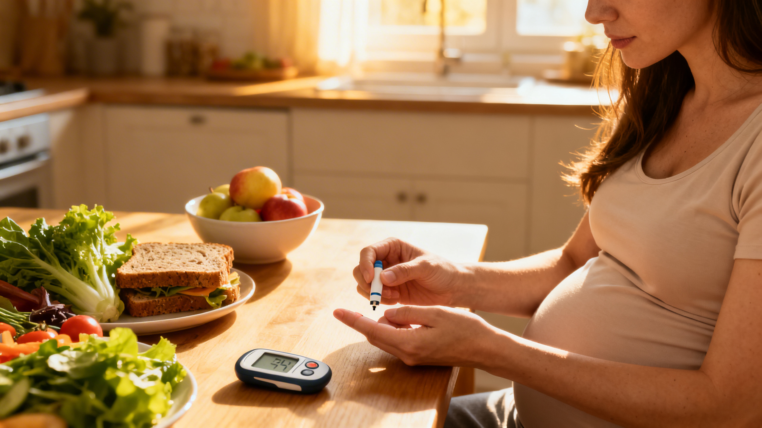 Femme enceinte mesurant sa glycémie avec un glucomètre
