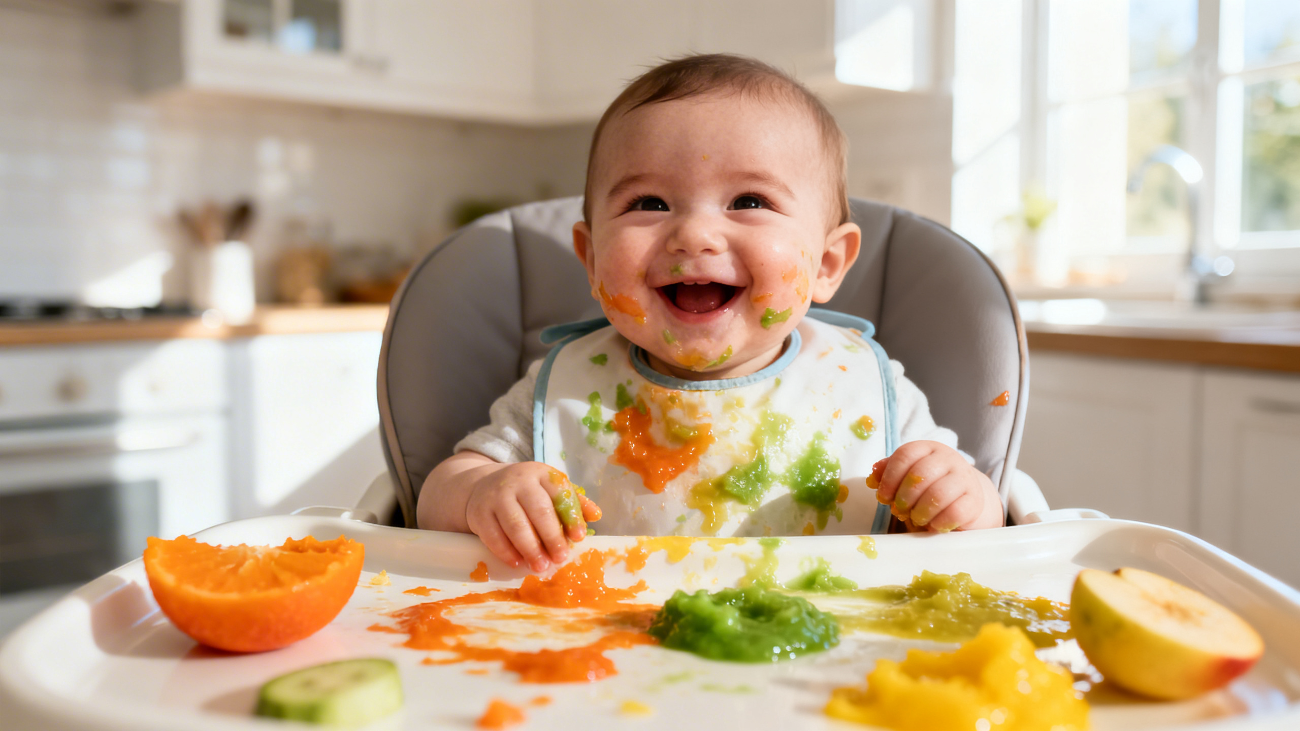 Bébé souriant mangeant sa première purée dans une cuillère