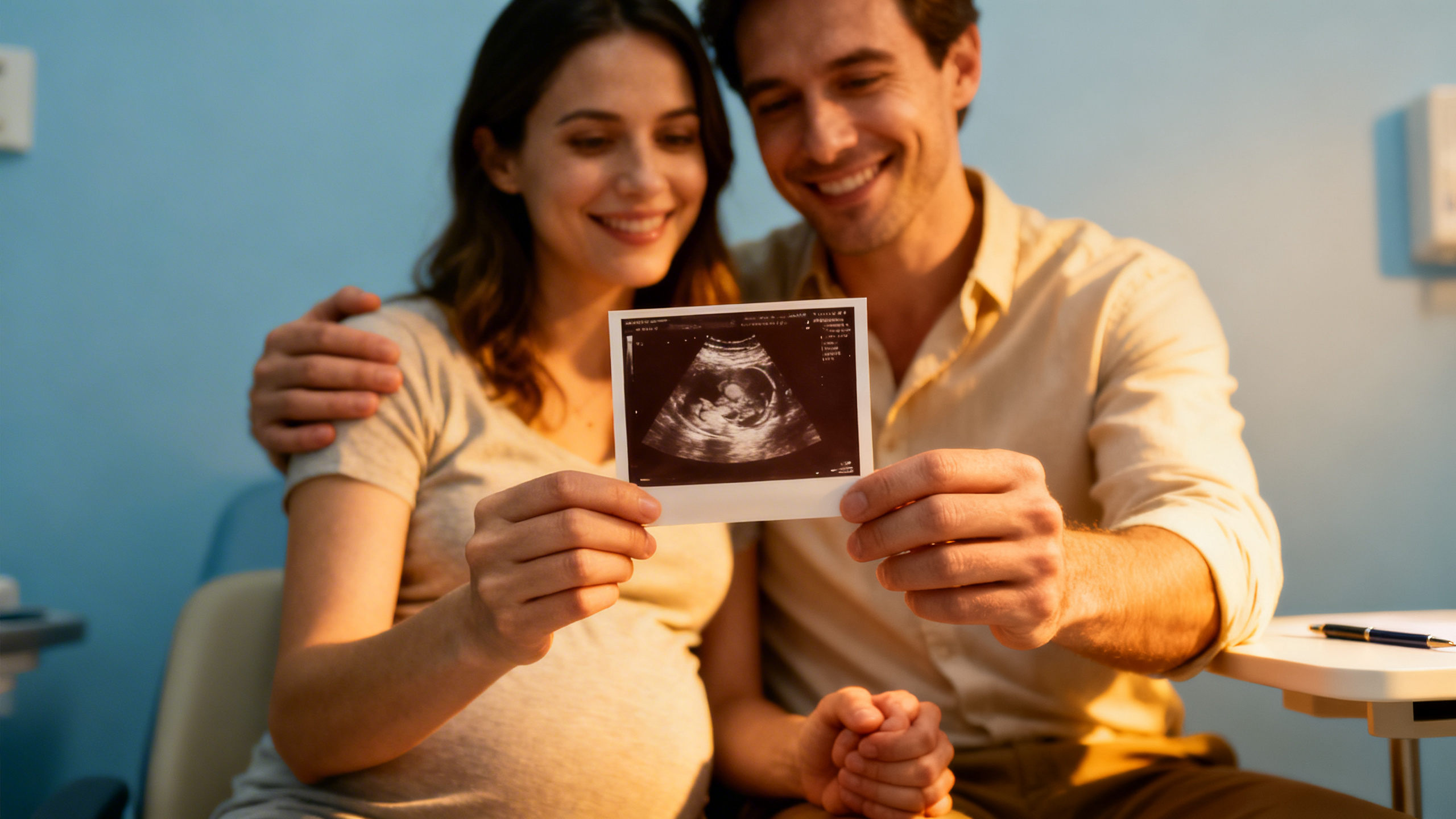 Sage-femme réalisant une échographie sur une femme enceinte, écran visible