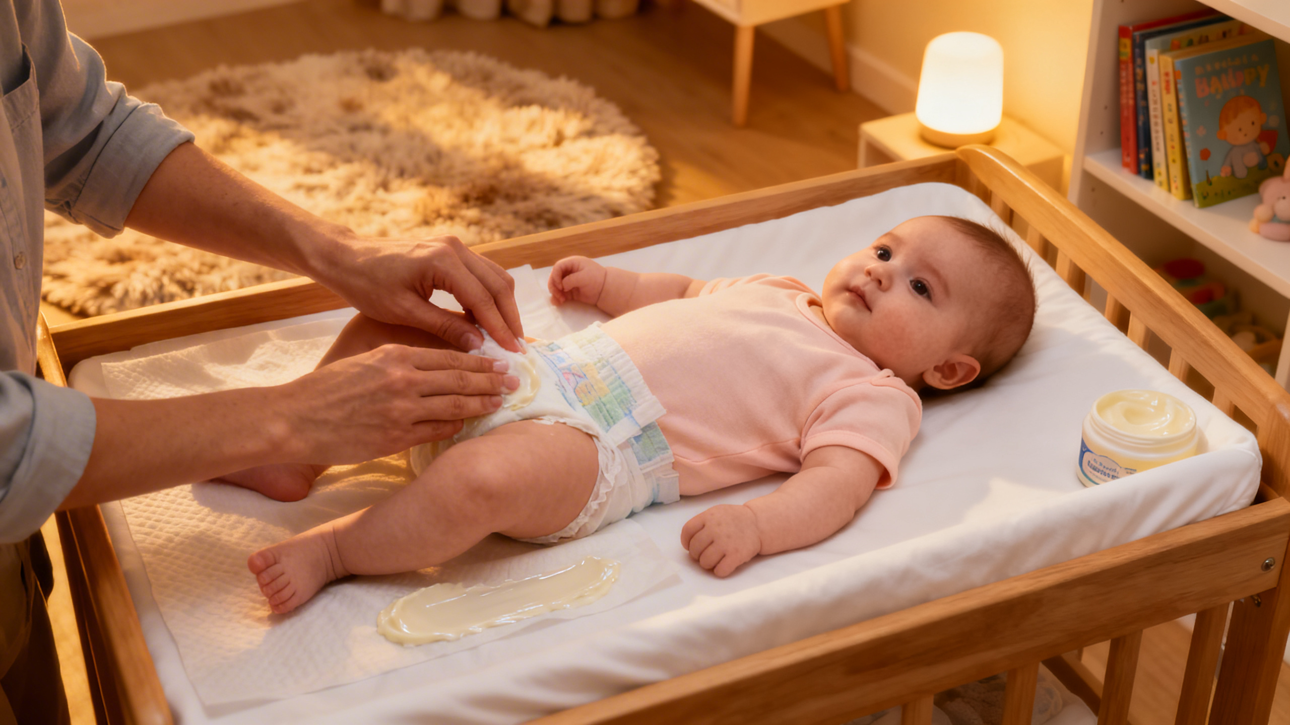 Soin des fesses de bébé lors du change, application de crème protectrice