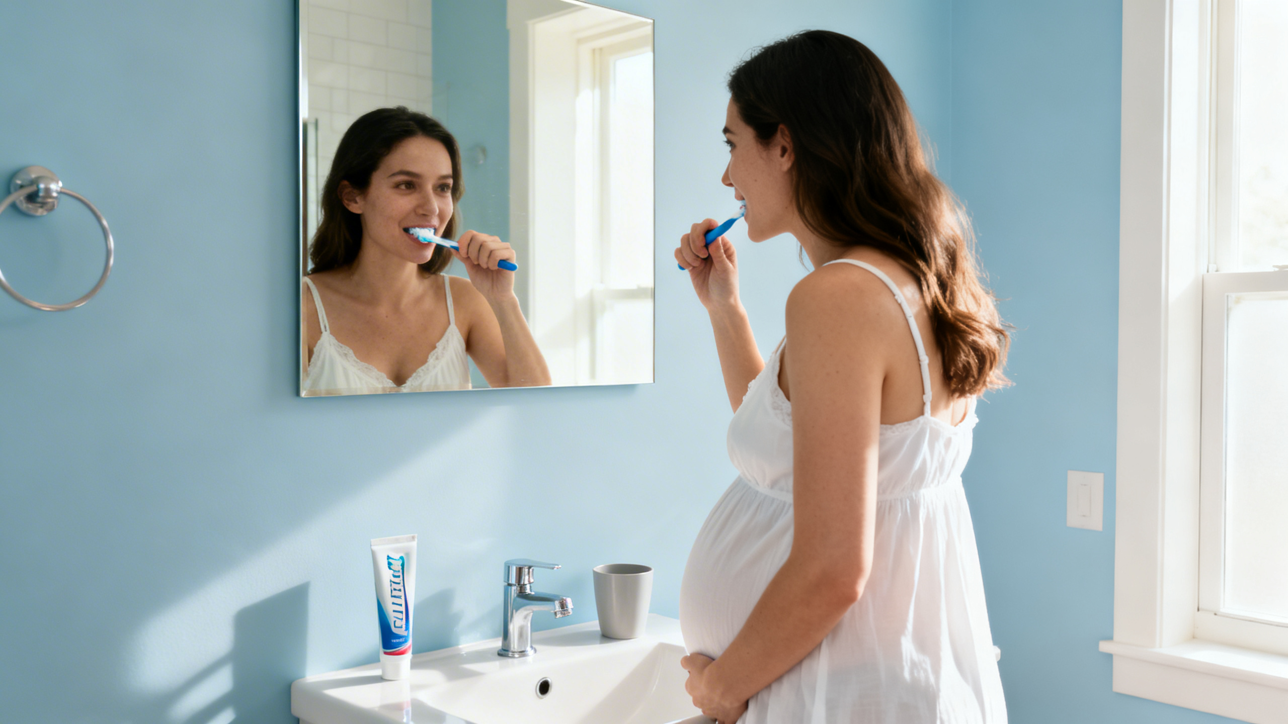 Femme enceinte se brossant les dents avec une brosse à dents douce