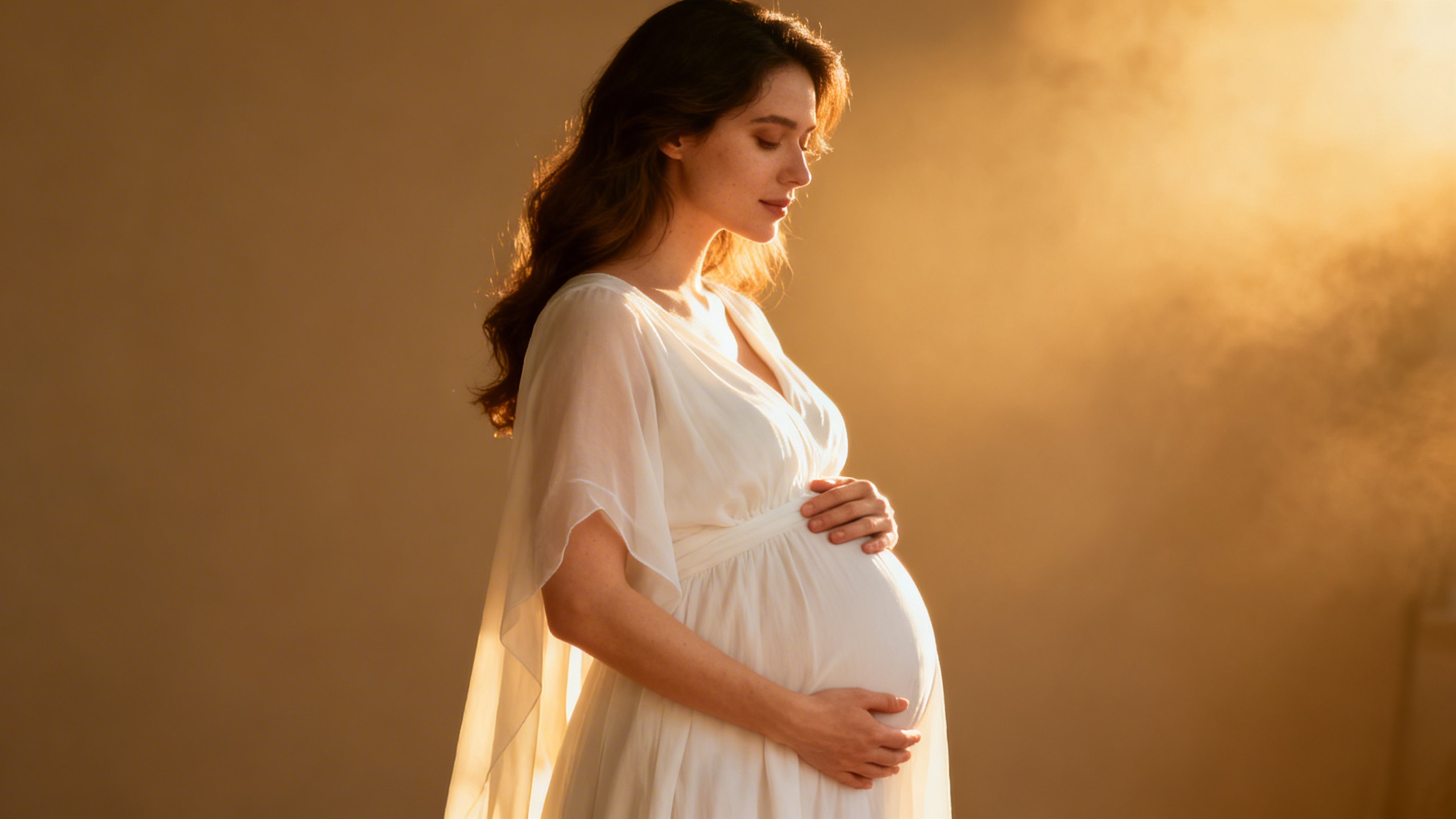 Femme enceinte tenant son ventre, vue de profil, lumière douce