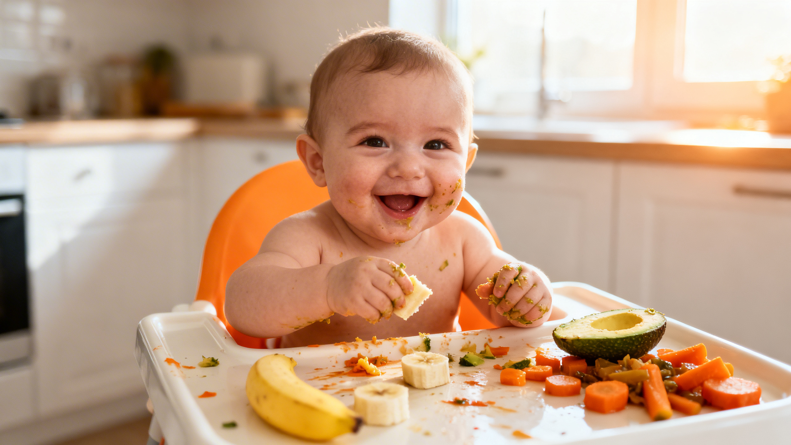 Bébé mangeant des morceaux de légumes avec ses mains