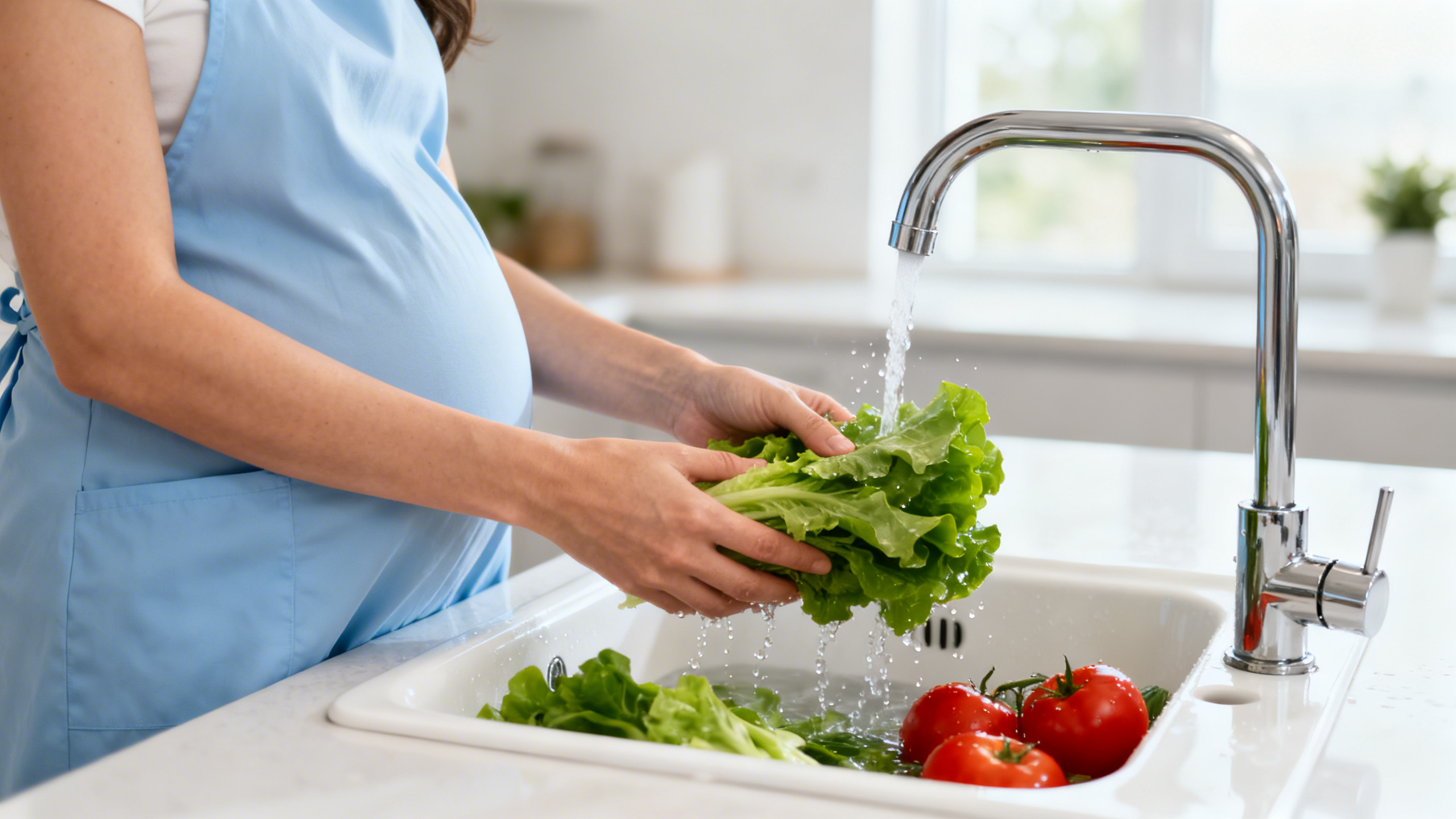 Étagère de réfrigérateur avec aliments frais et liste de précautions