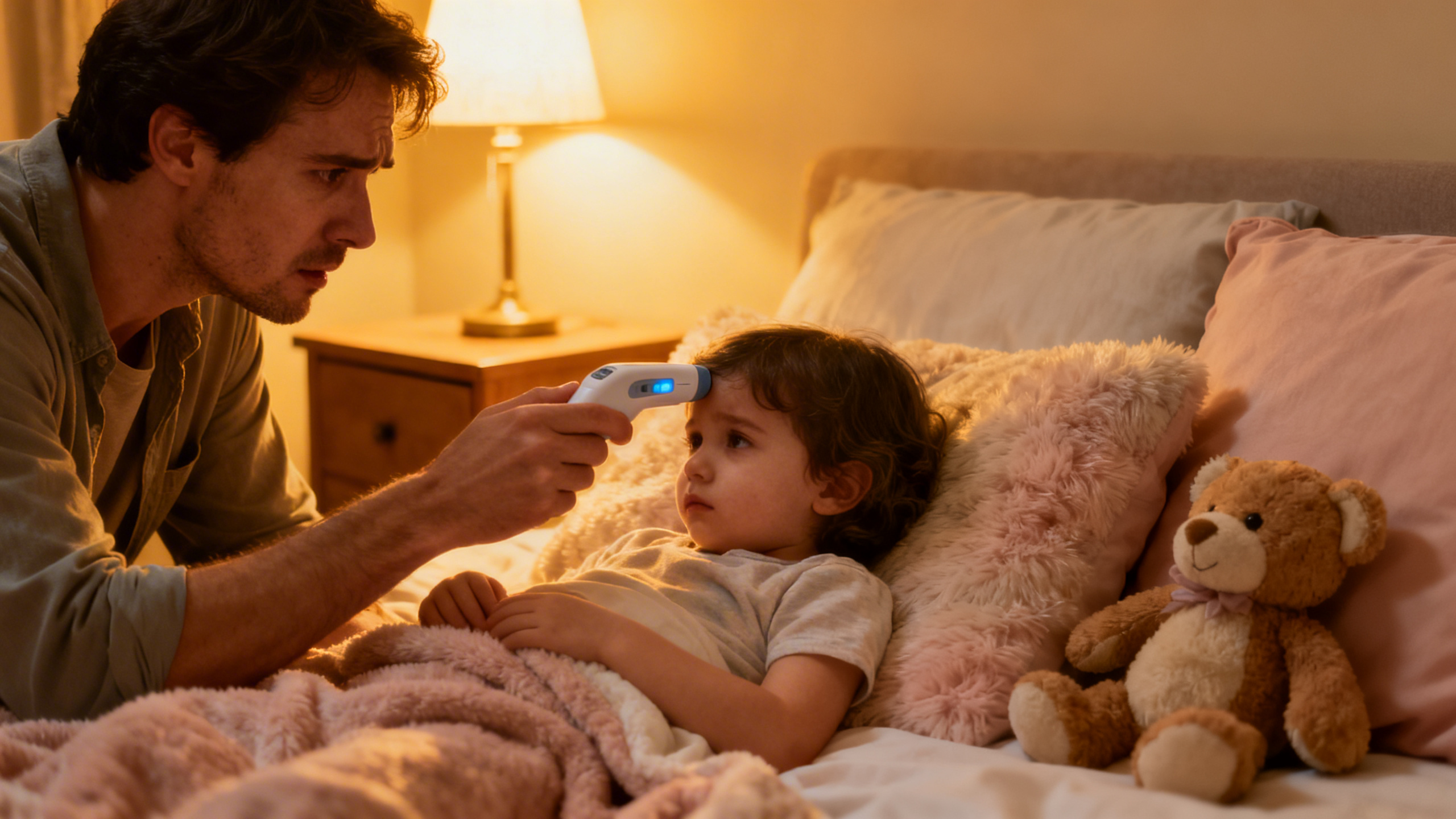 Enfant malade au lit avec sa maman qui prend soin de lui