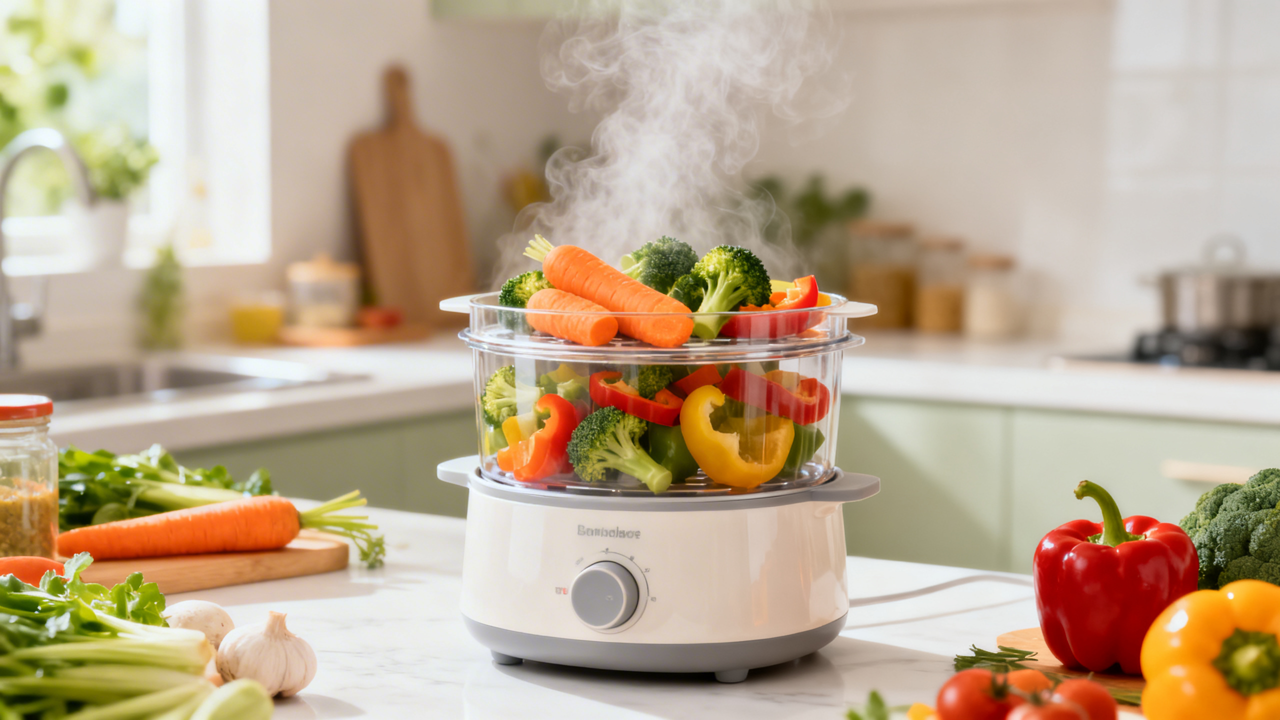 Panier vapeur avec légumes colorés pour la préparation des repas bébé
