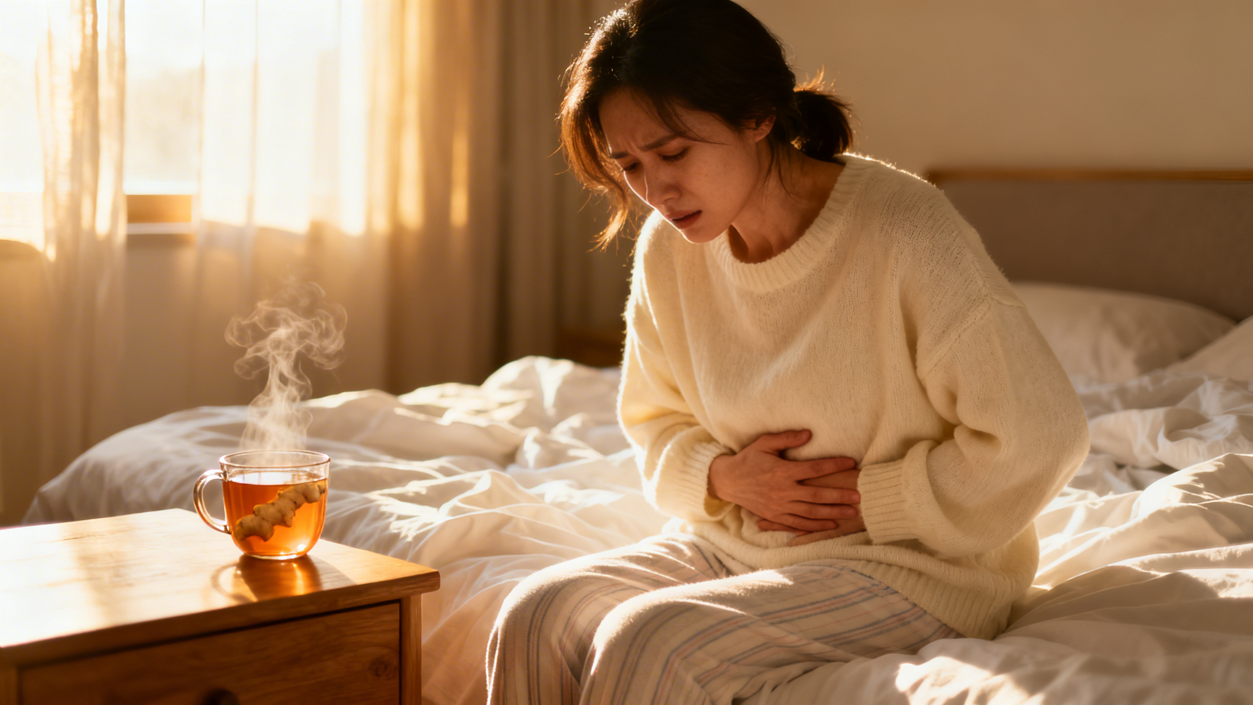 Femme enceinte assise, l'air inconfortable, main sur le ventre