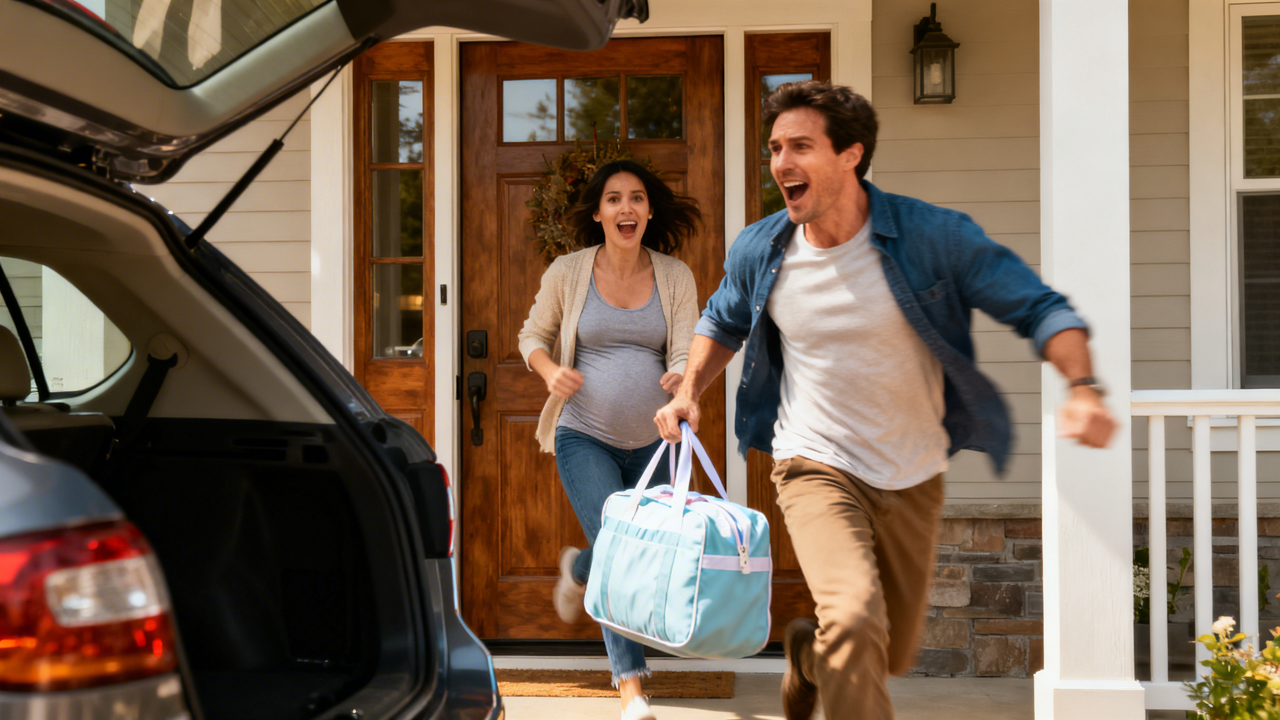 Femme enceinte avec son sac de maternité prête à partir à la maternité