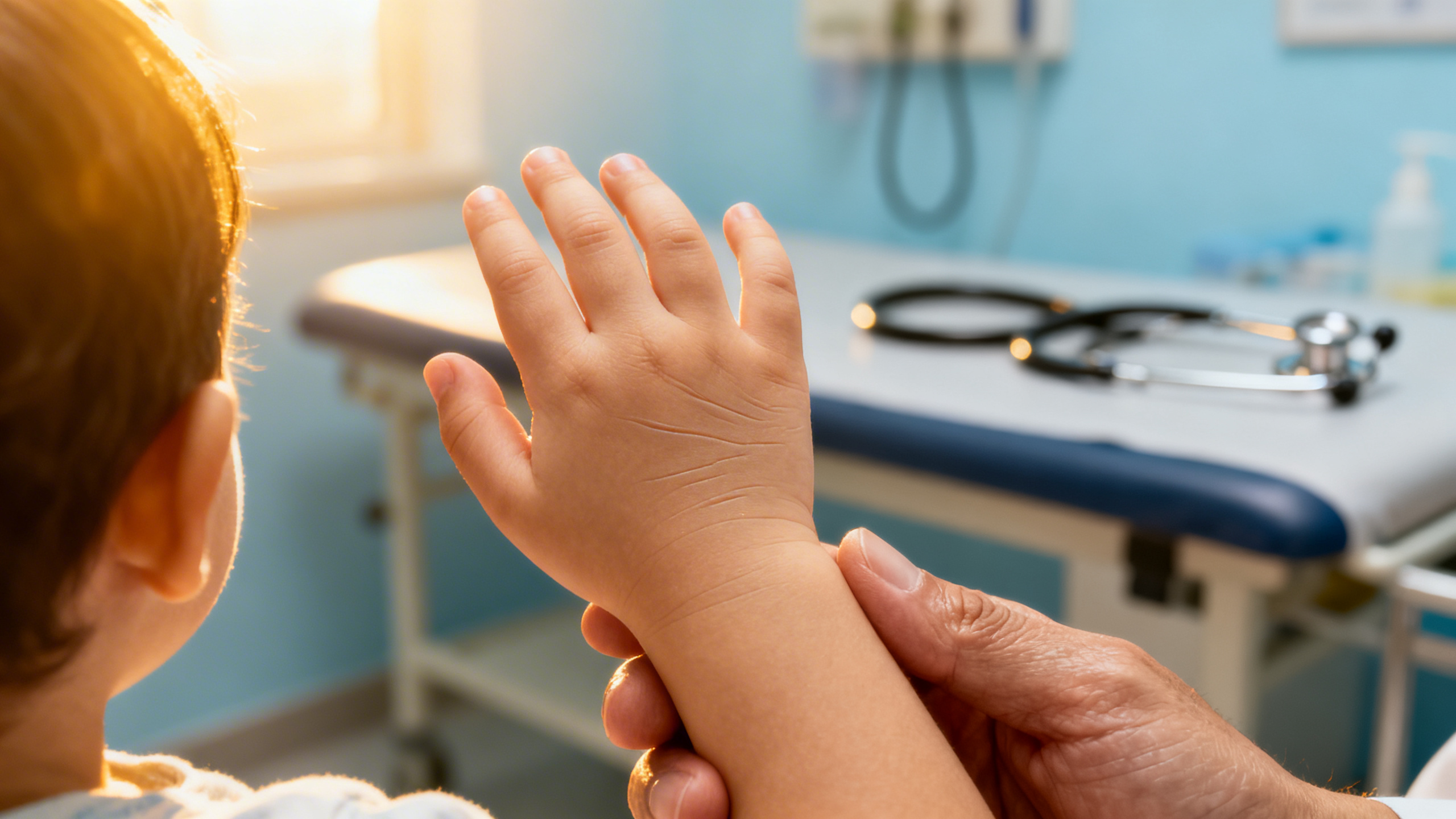 Vésicules caractéristiques du syndrome pieds-mains-bouche sur la paume d'un enfant