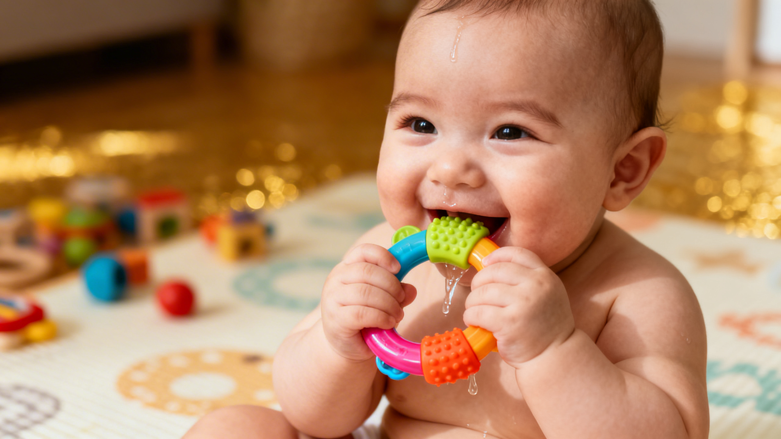 Bébé qui mord un anneau de dentition pour soulager sa poussée dentaire