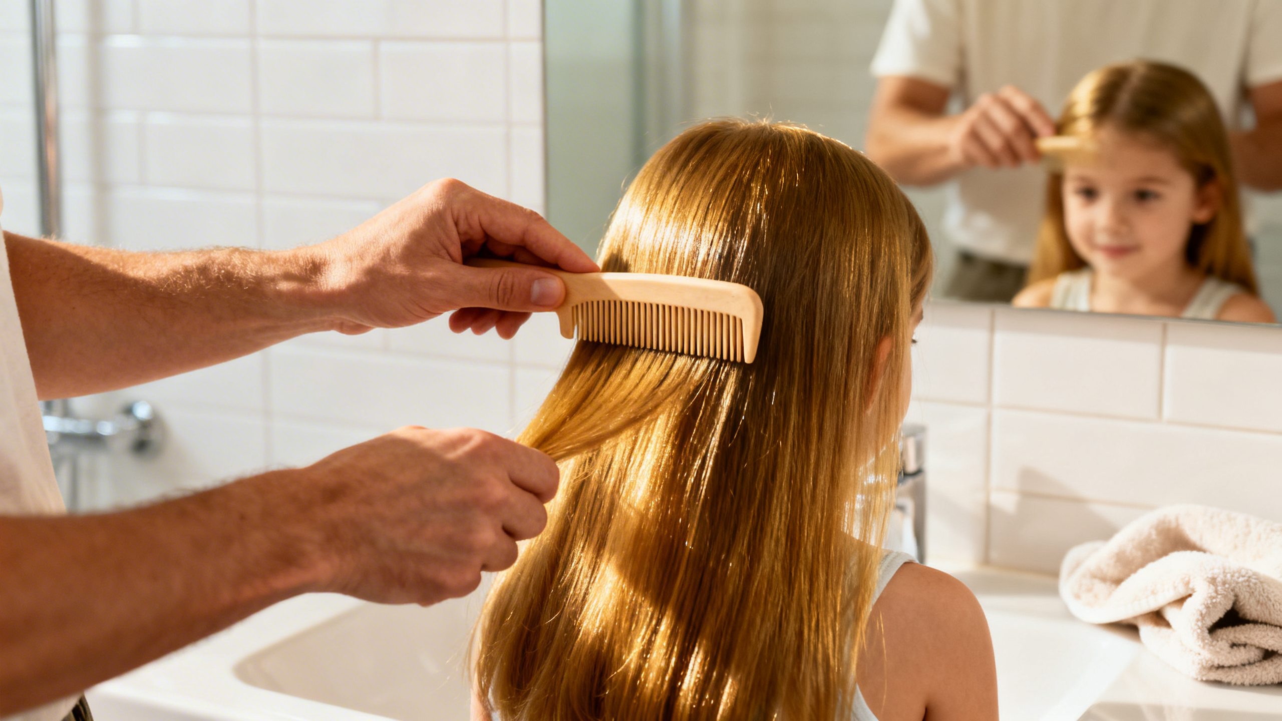 Parent inspectant le cheveux de son enfant à la recherche de poux avec un peigne fin