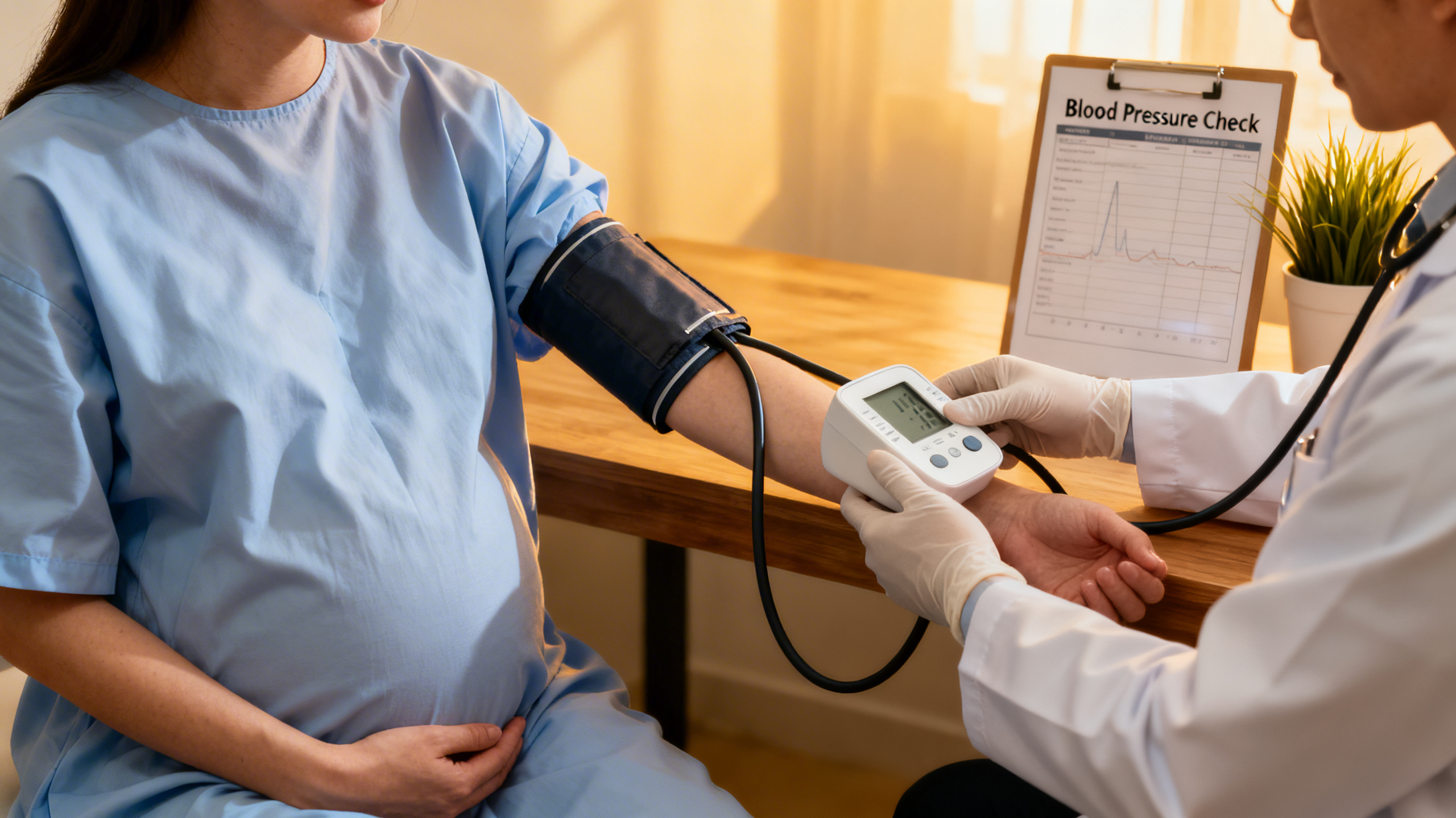 Sage-femme mesurant la tension artérielle d'une femme enceinte