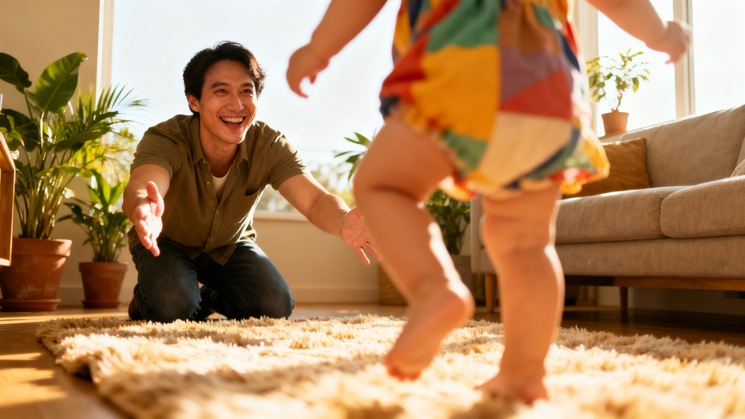 Bébé faisant ses premiers pas en tenant les mains de ses parents dans le salon