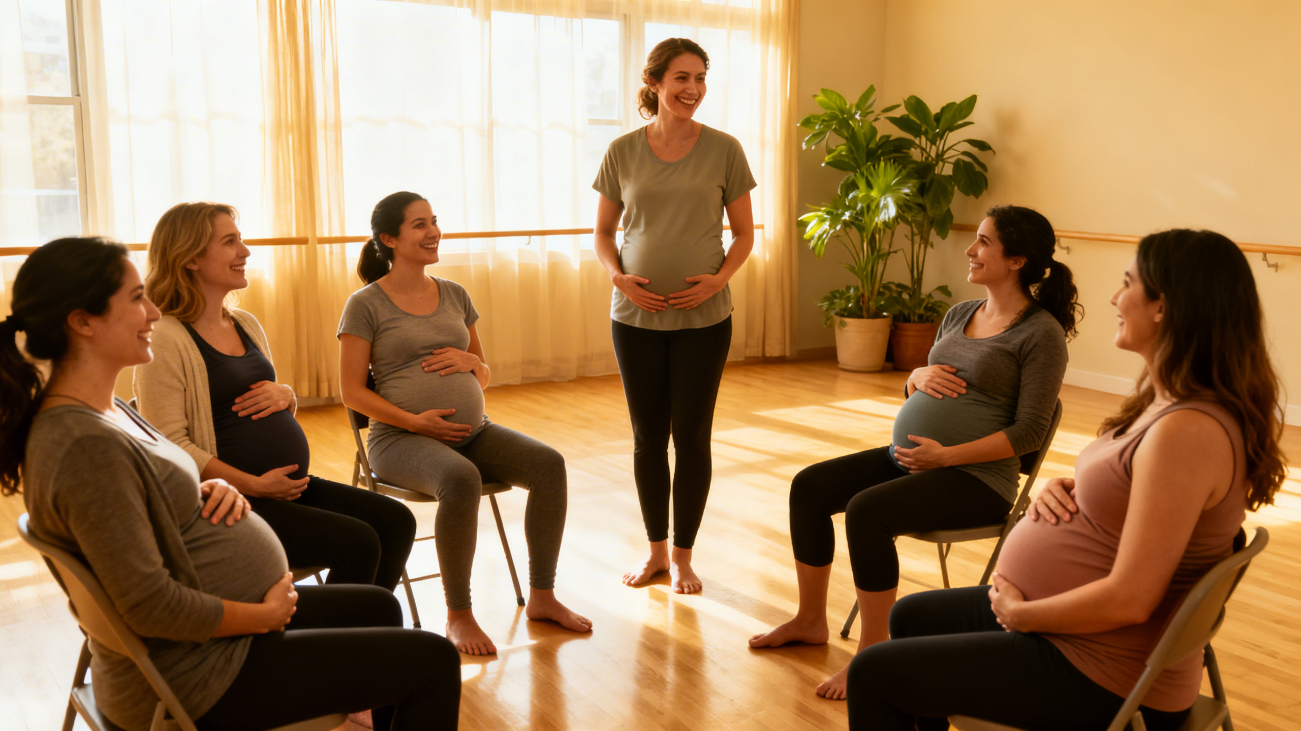 Groupe de futures mamans en cours de préparation à l'accouchement avec une sage-femme