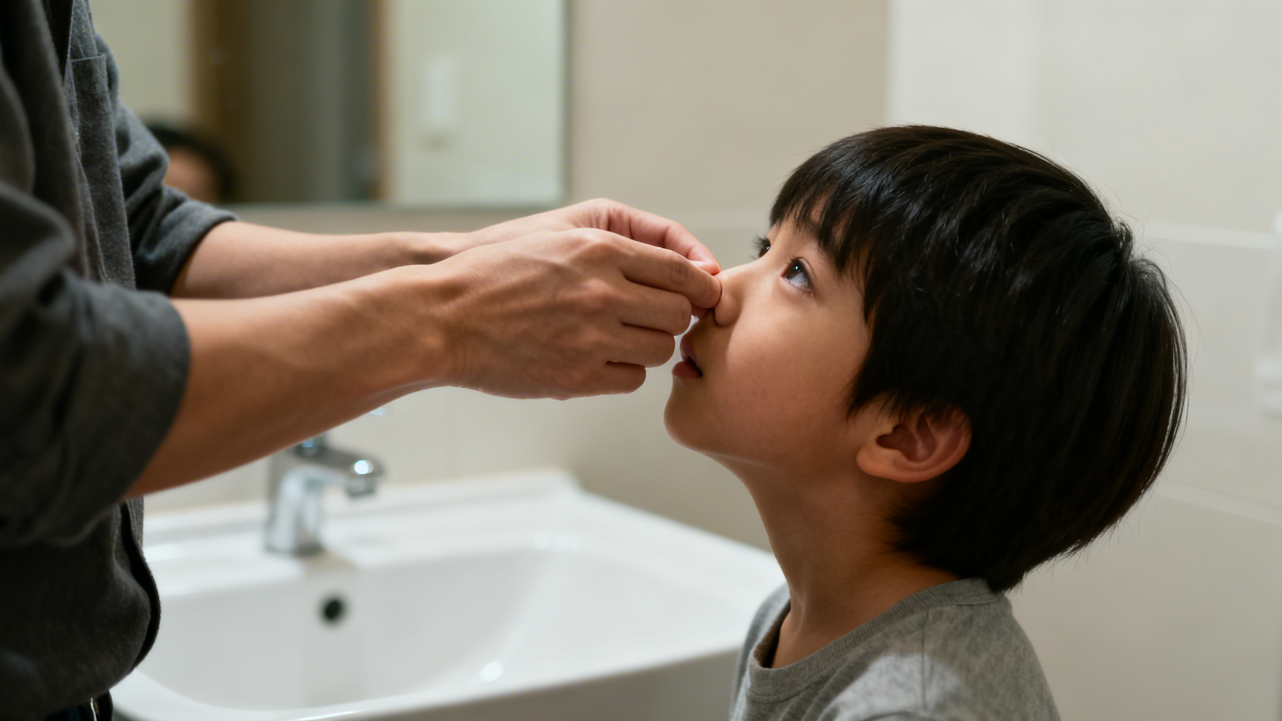 Enfant avec saignement de nez, parent appliquant les bons gestes de premiers secours