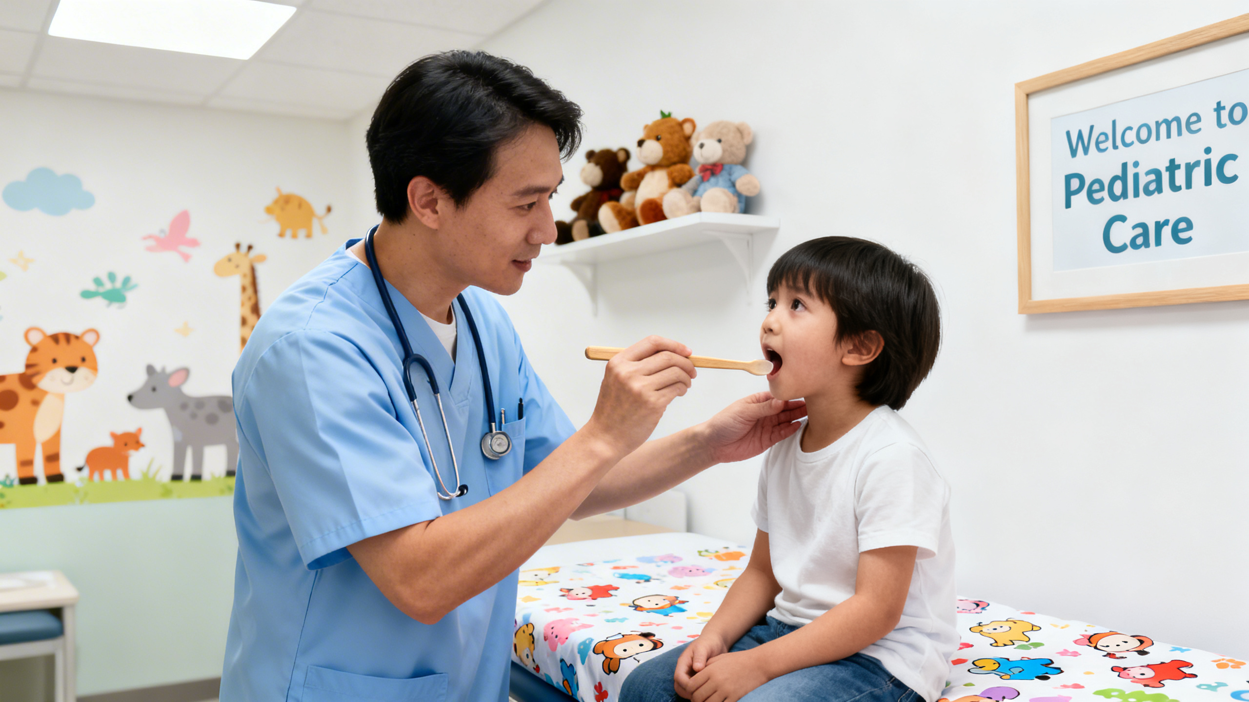 Enfant avec éruption scarlatineuse sur le cou et le tronc, langue framboisée