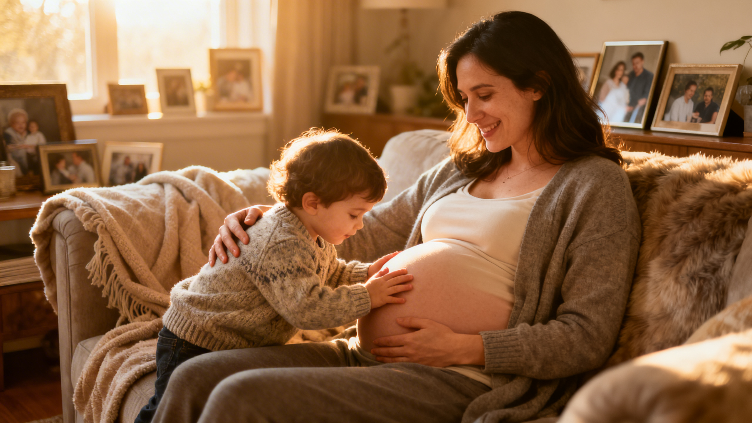 Enfant posant sa main sur le ventre arrondi de sa maman enceinte