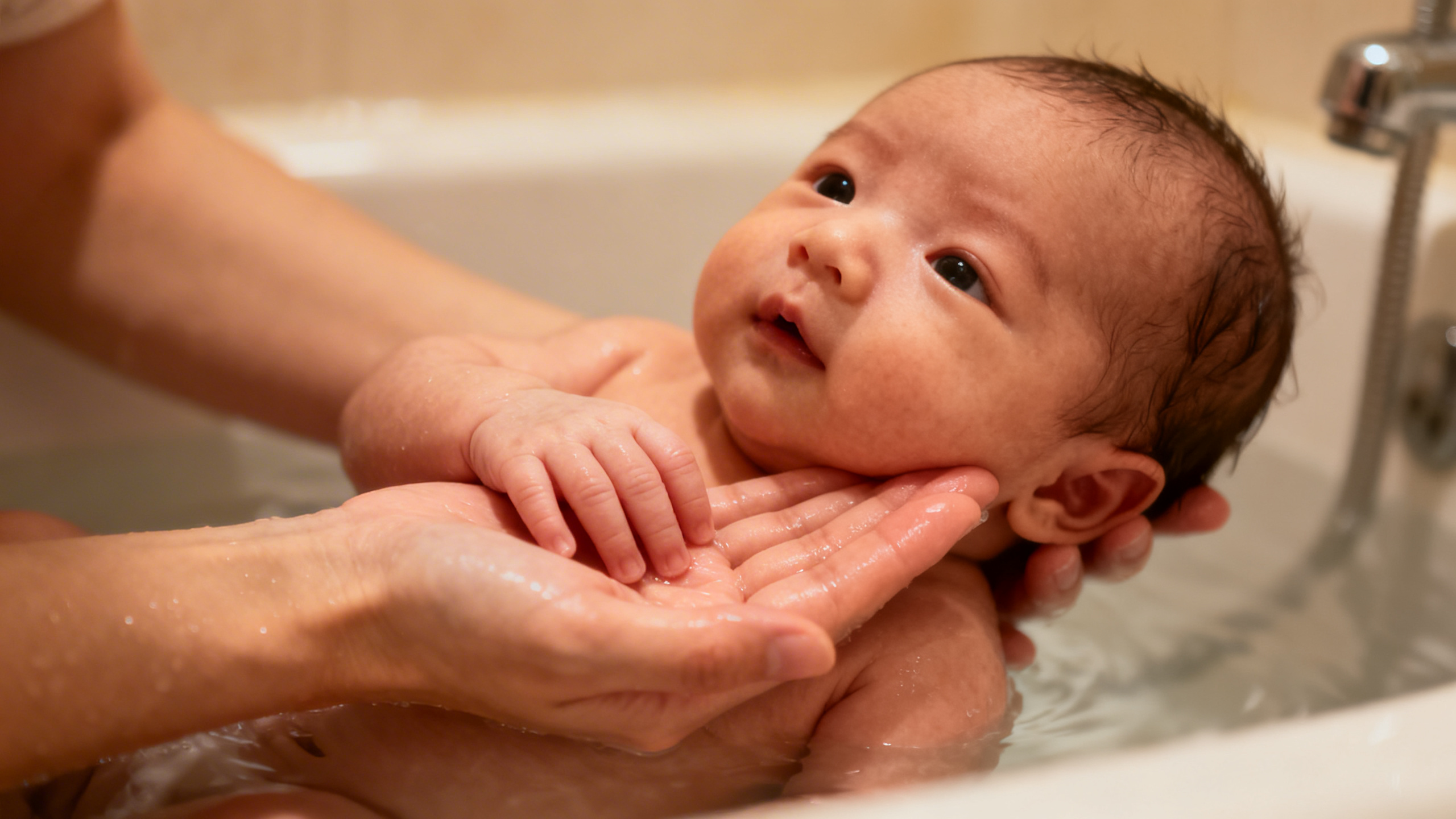 Maman donnant le bain à son nouveau-né avec tendresse