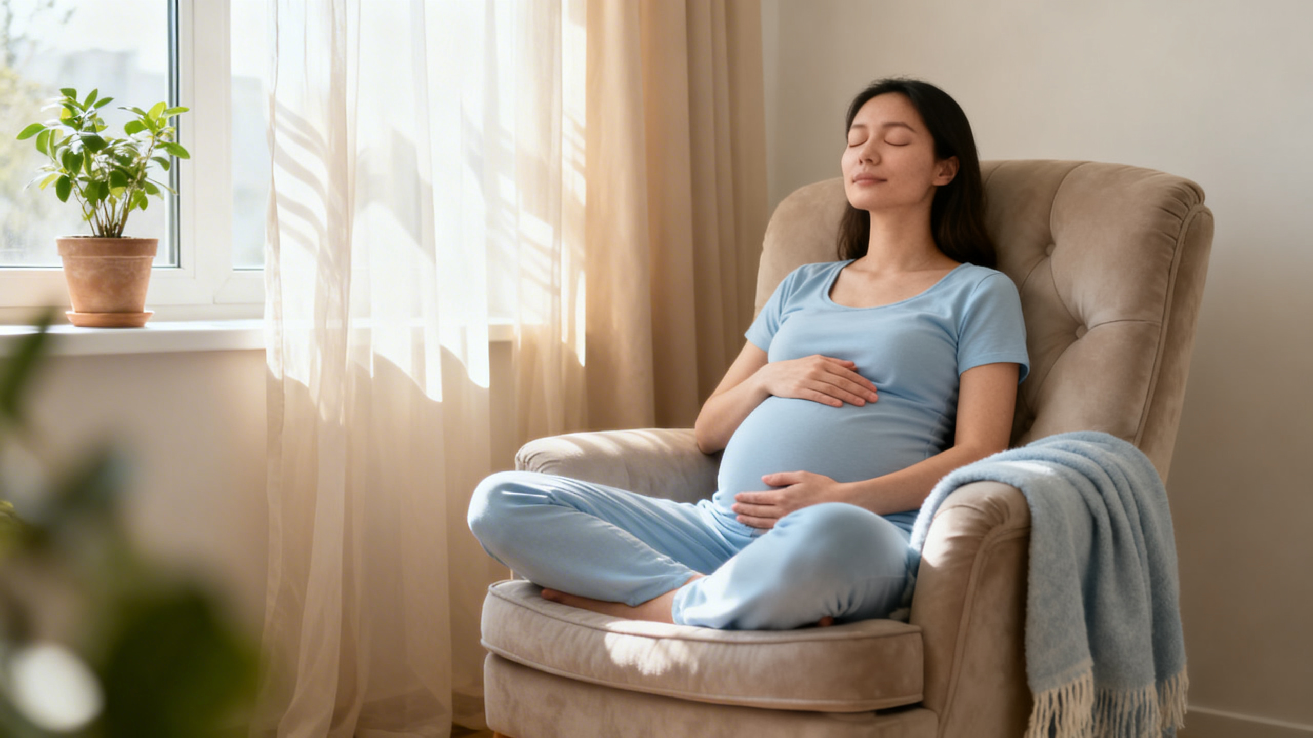 Femme enceinte pratiquant des exercices de sophrologie pour préparer l'accouchement