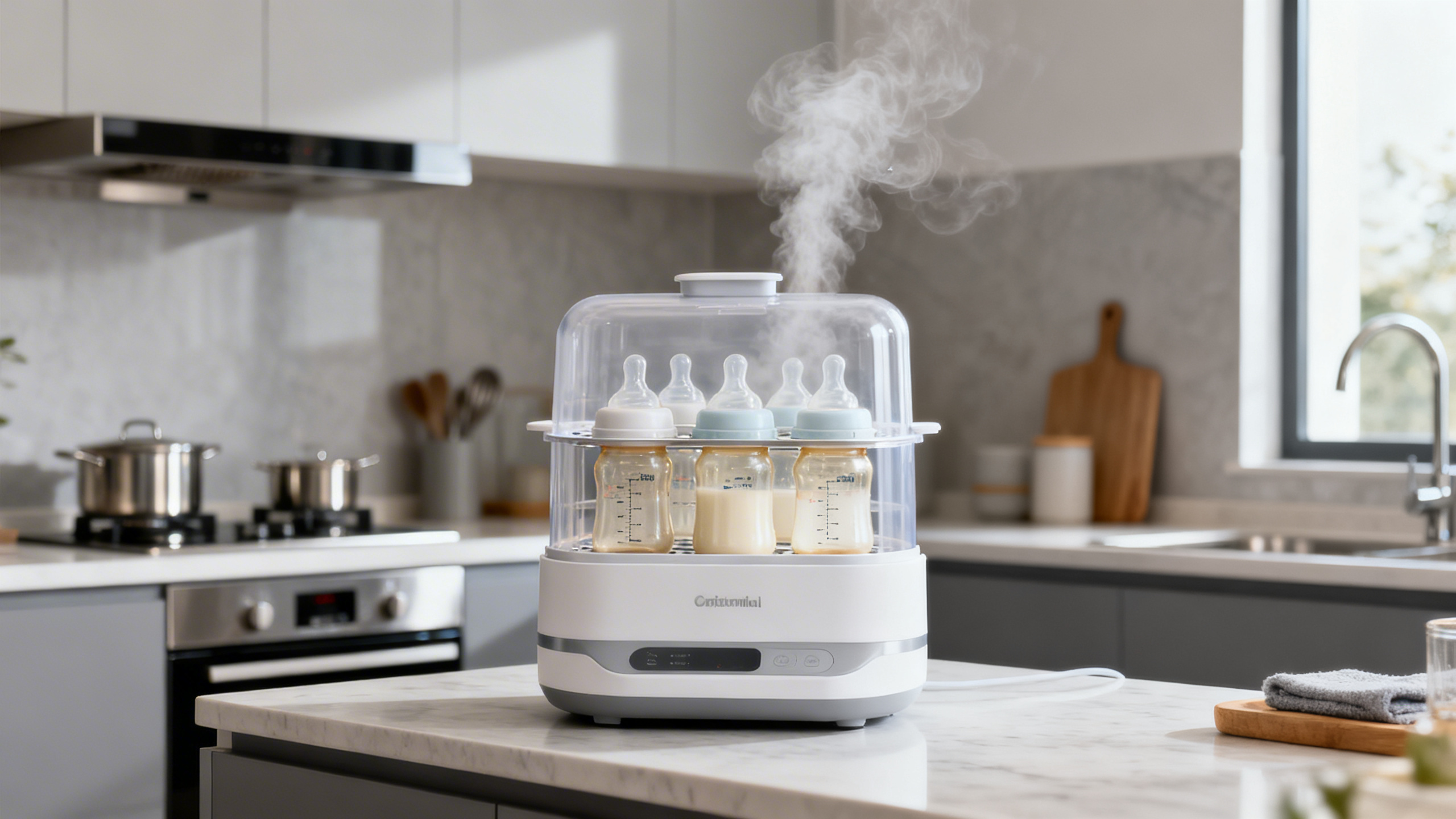 Stérilisateur vapeur avec biberons et tétines propres