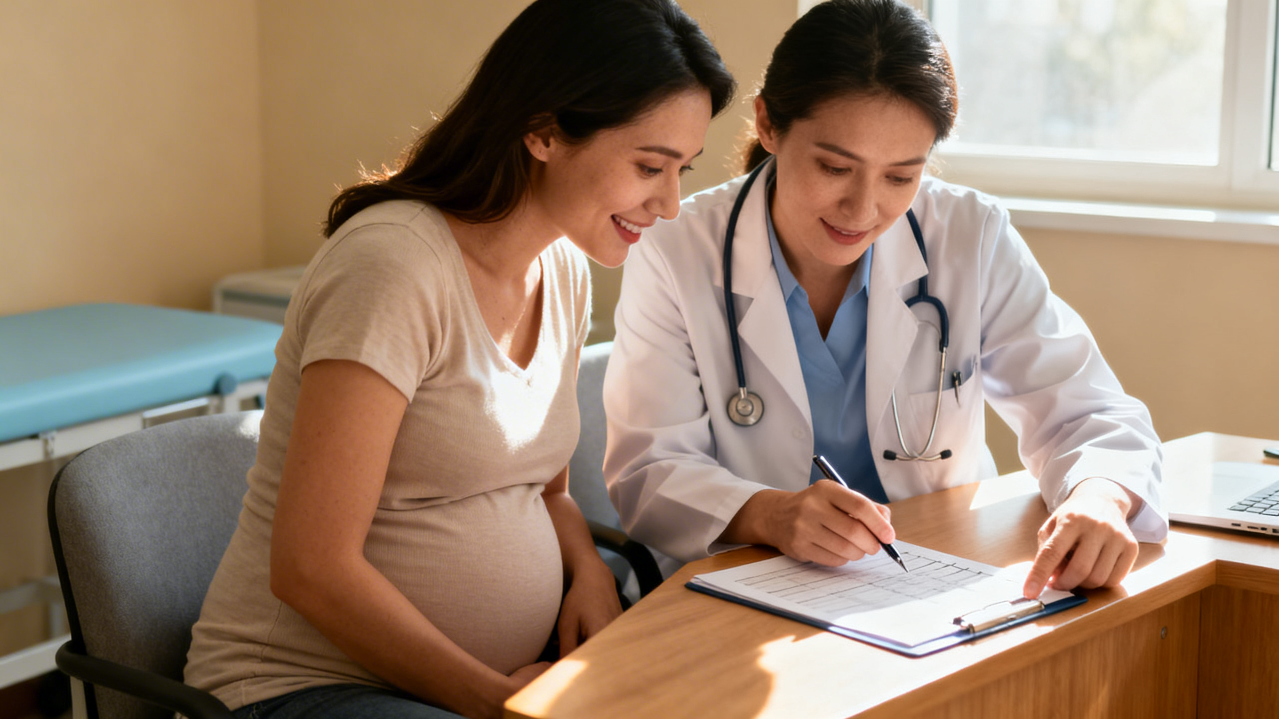 Femme enceinte lors d'une consultation prénatale avec une sage-femme