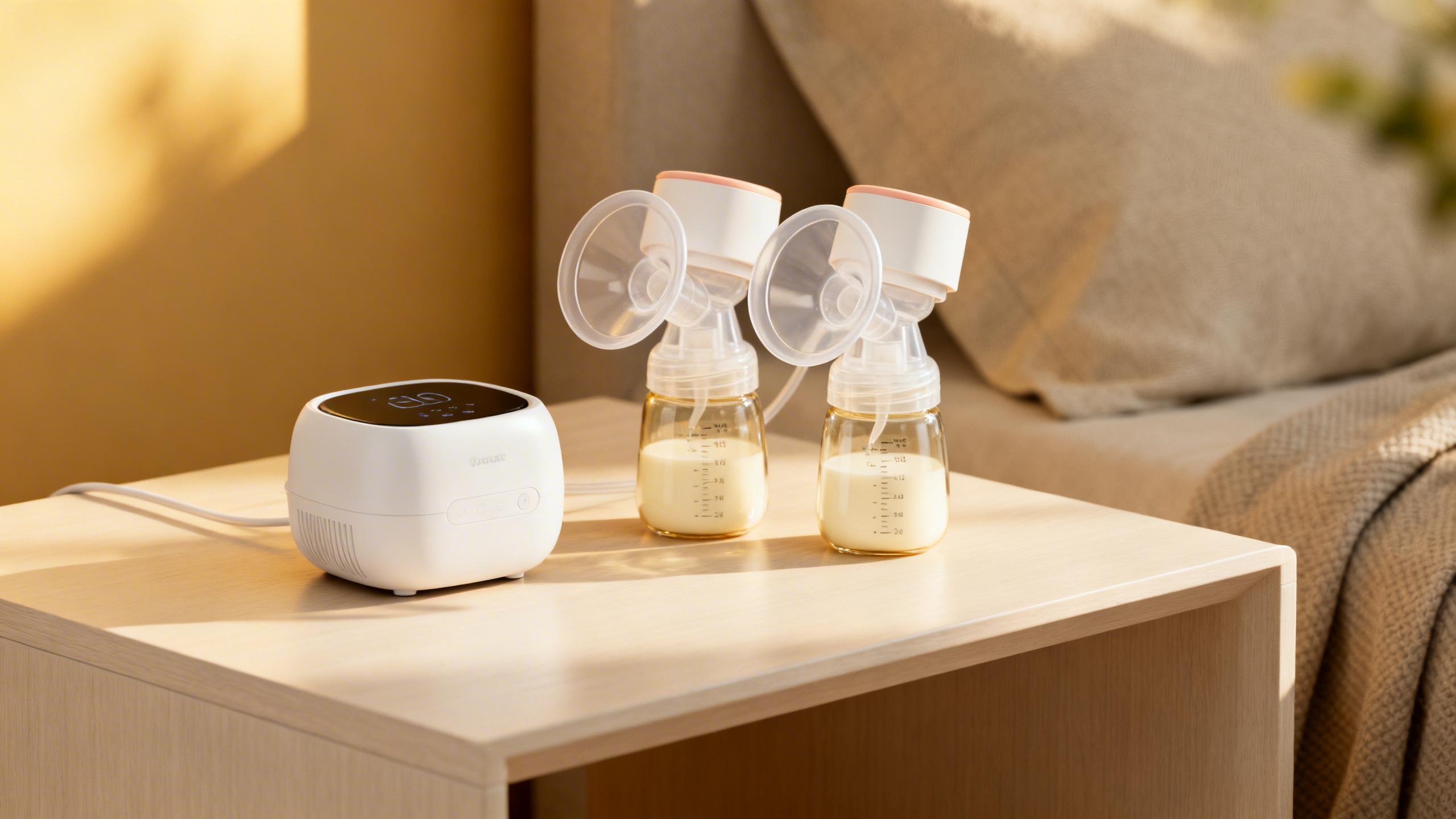 Tire-lait électrique double pompe posé sur une table