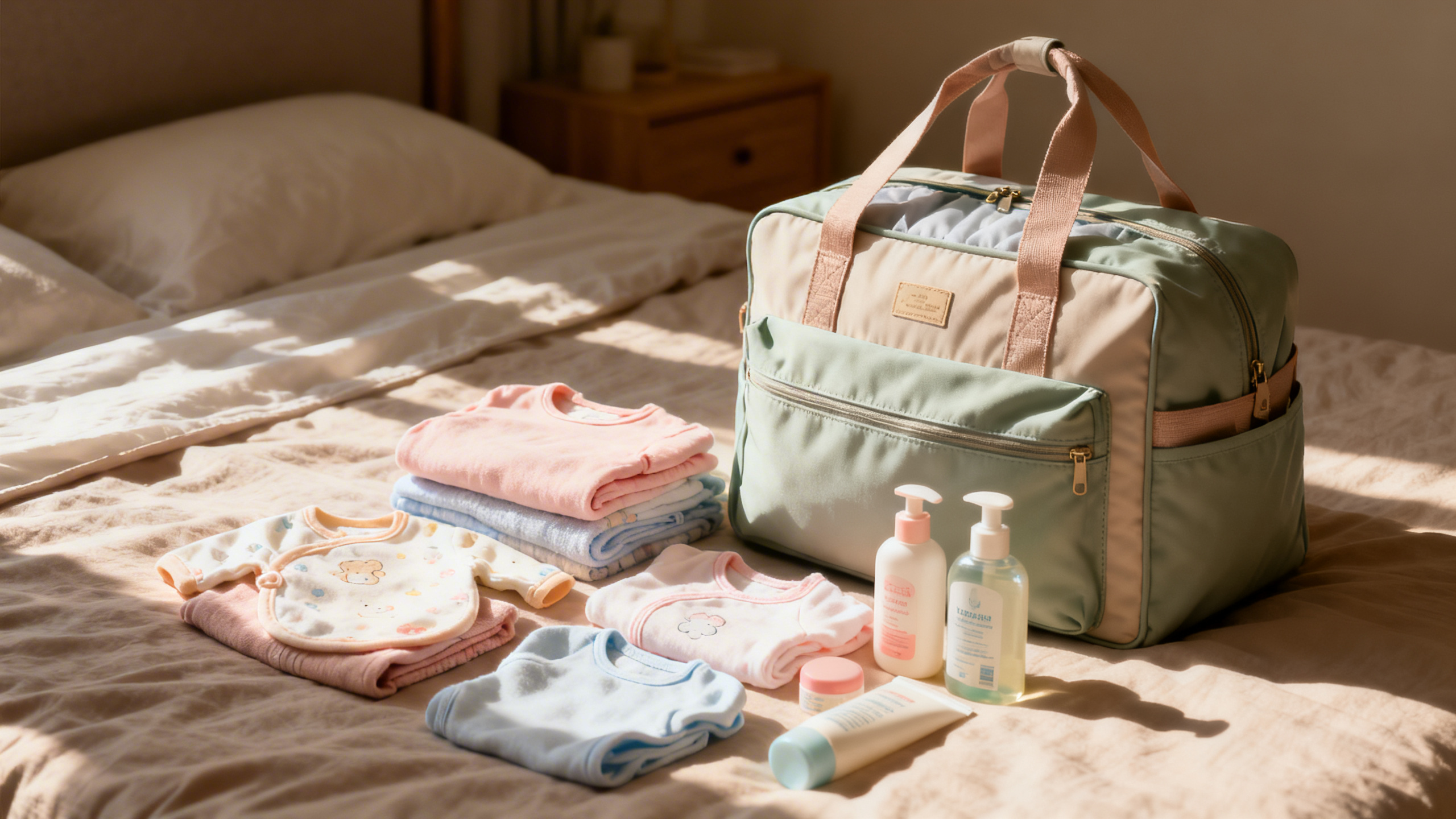 Valise de maternité ouverte avec les affaires de bébé et de la maman soigneusement pliées