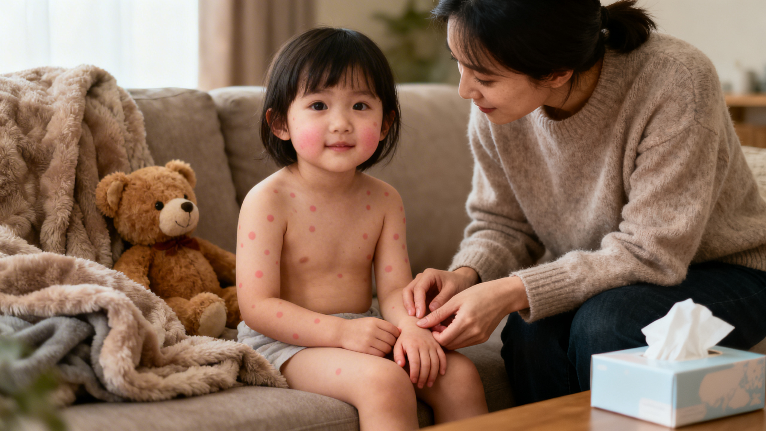 Enfant avec vésicules de varicelle sur le corps, soins à domicile