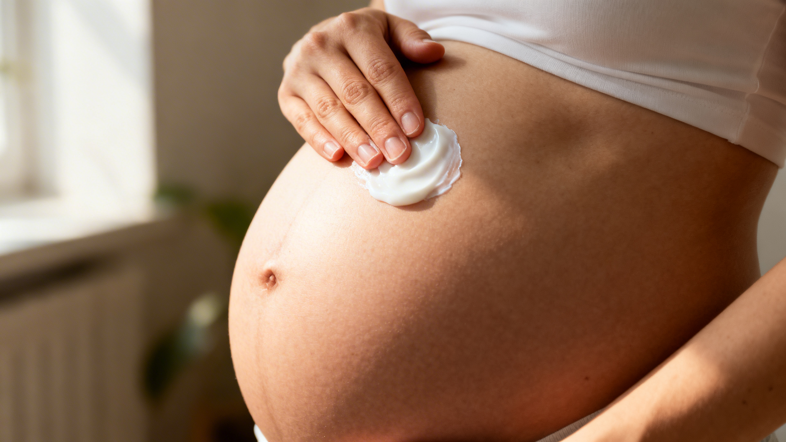 Ventre de femme enceinte avec application de crème hydratante